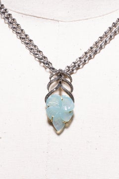Carved Chalcedony and Diamond Pendant on Sterling Chain Worn Long or Short