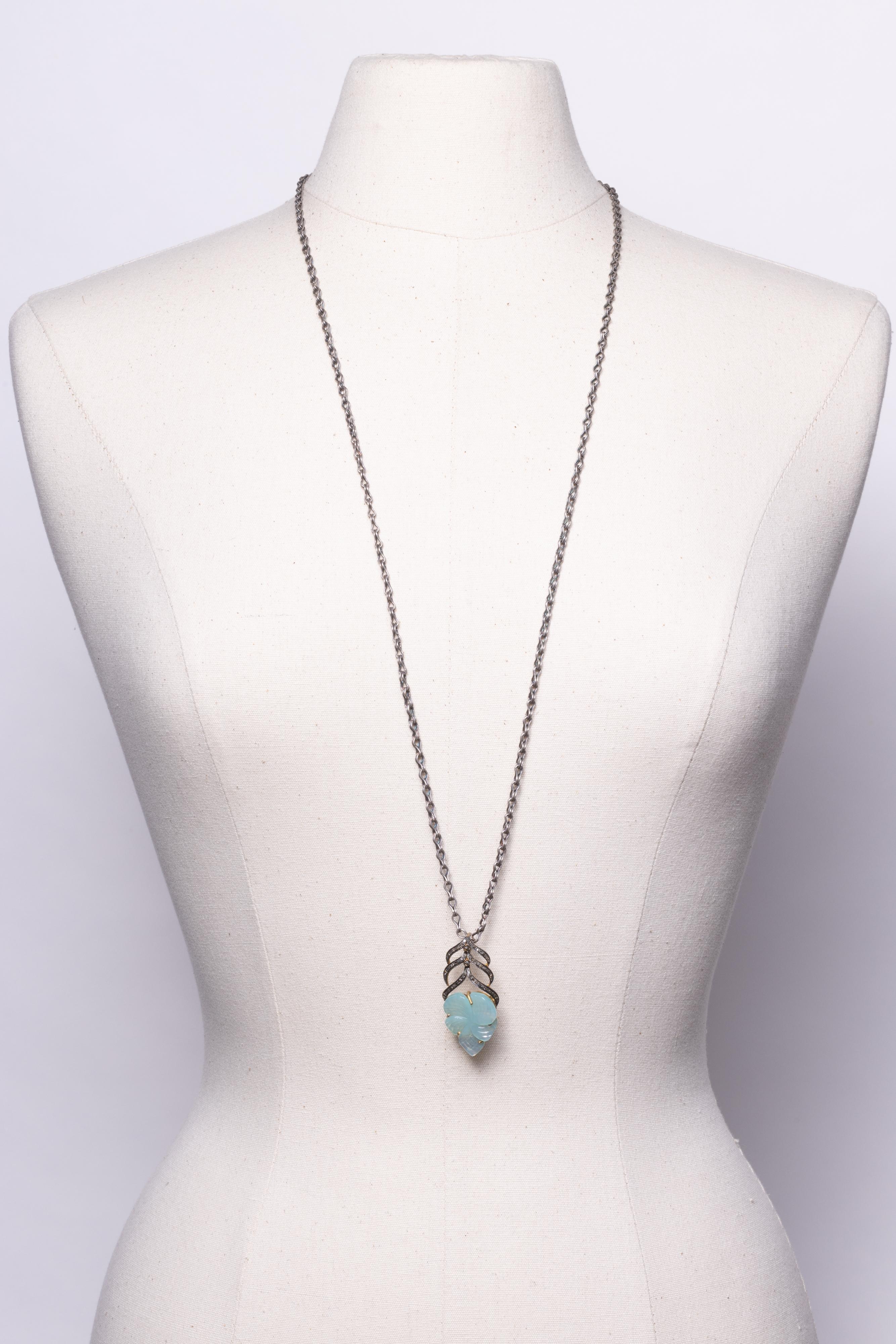 Crisscut Carved Chalcedony and Diamond Pendant on Sterling Chain Worn Long or Short For Sale