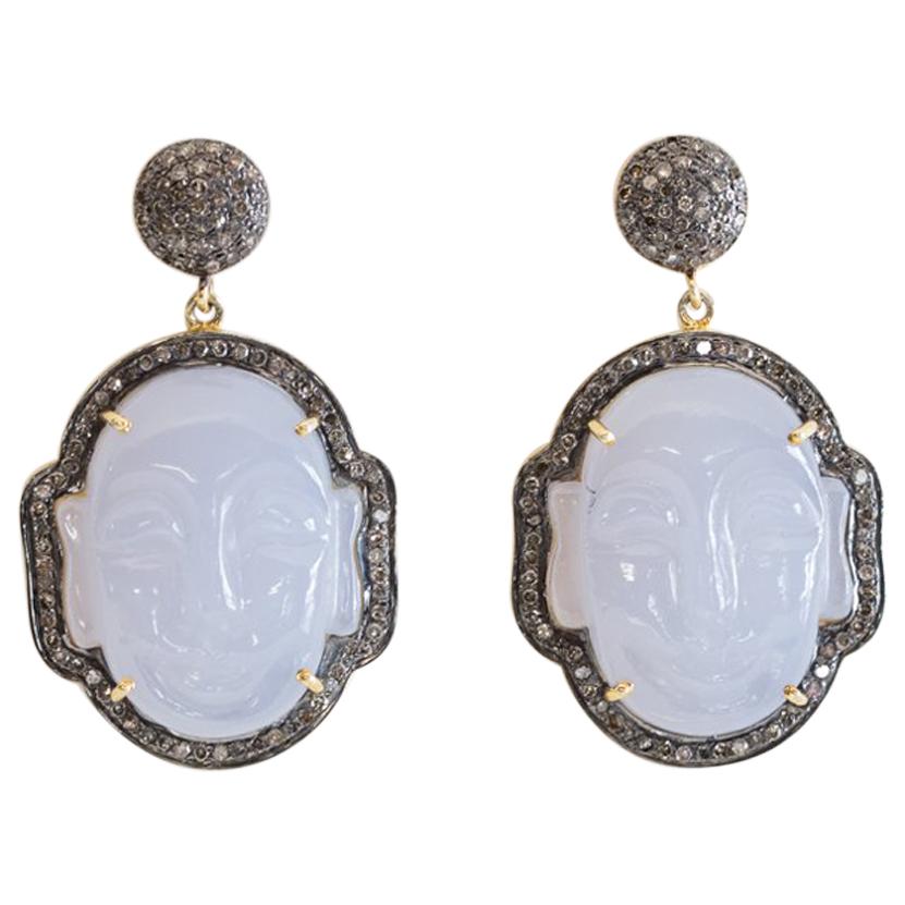 Carved Chalcedony Buddha and Diamond Earrings