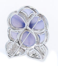Carved Chalcedony Floral Brooch with Diamonds and Sapphires, White Gold
