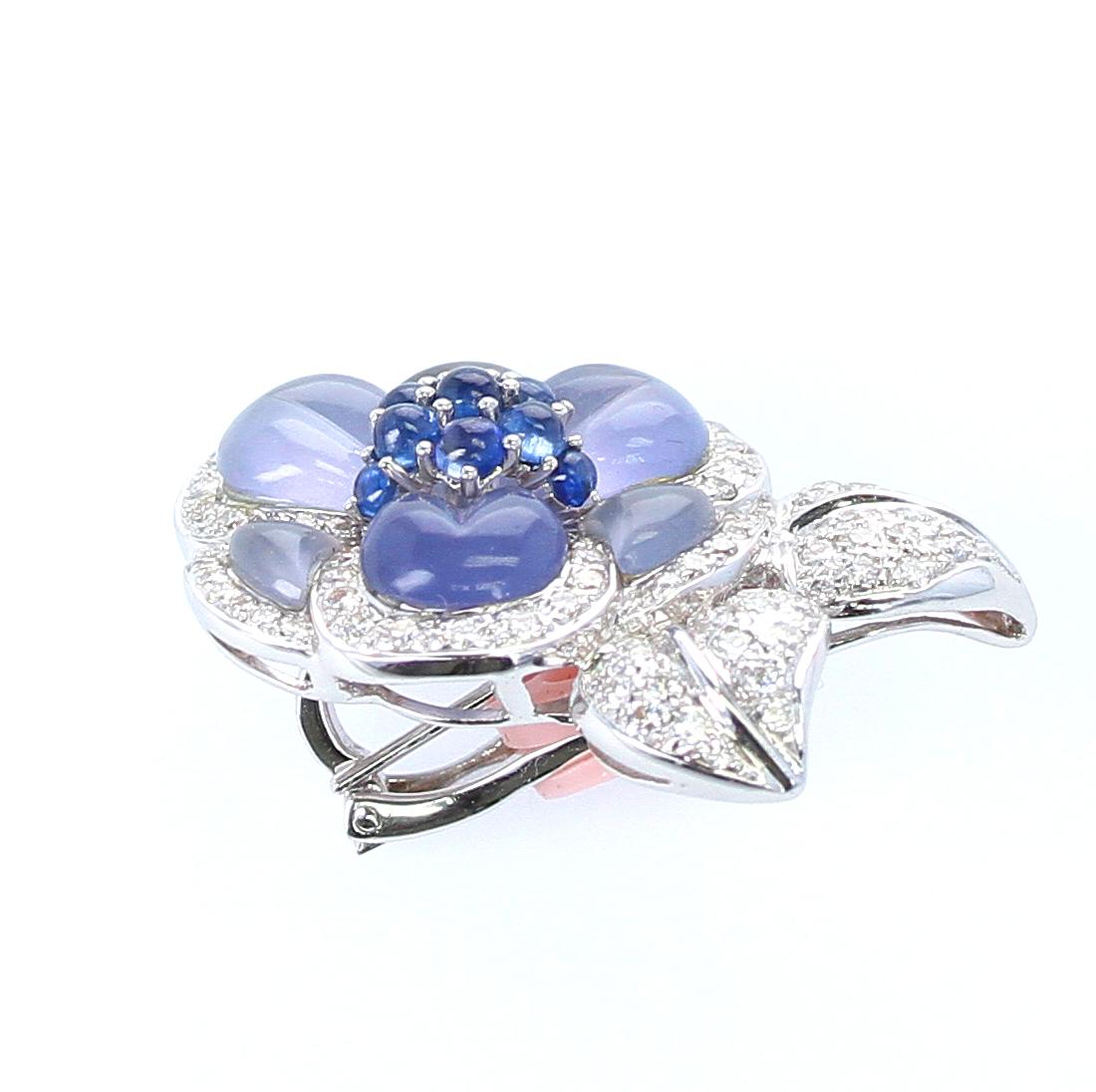 Cabochon Carved Chalcedony Floral Brooch with Diamonds and Sapphires, White Gold For Sale