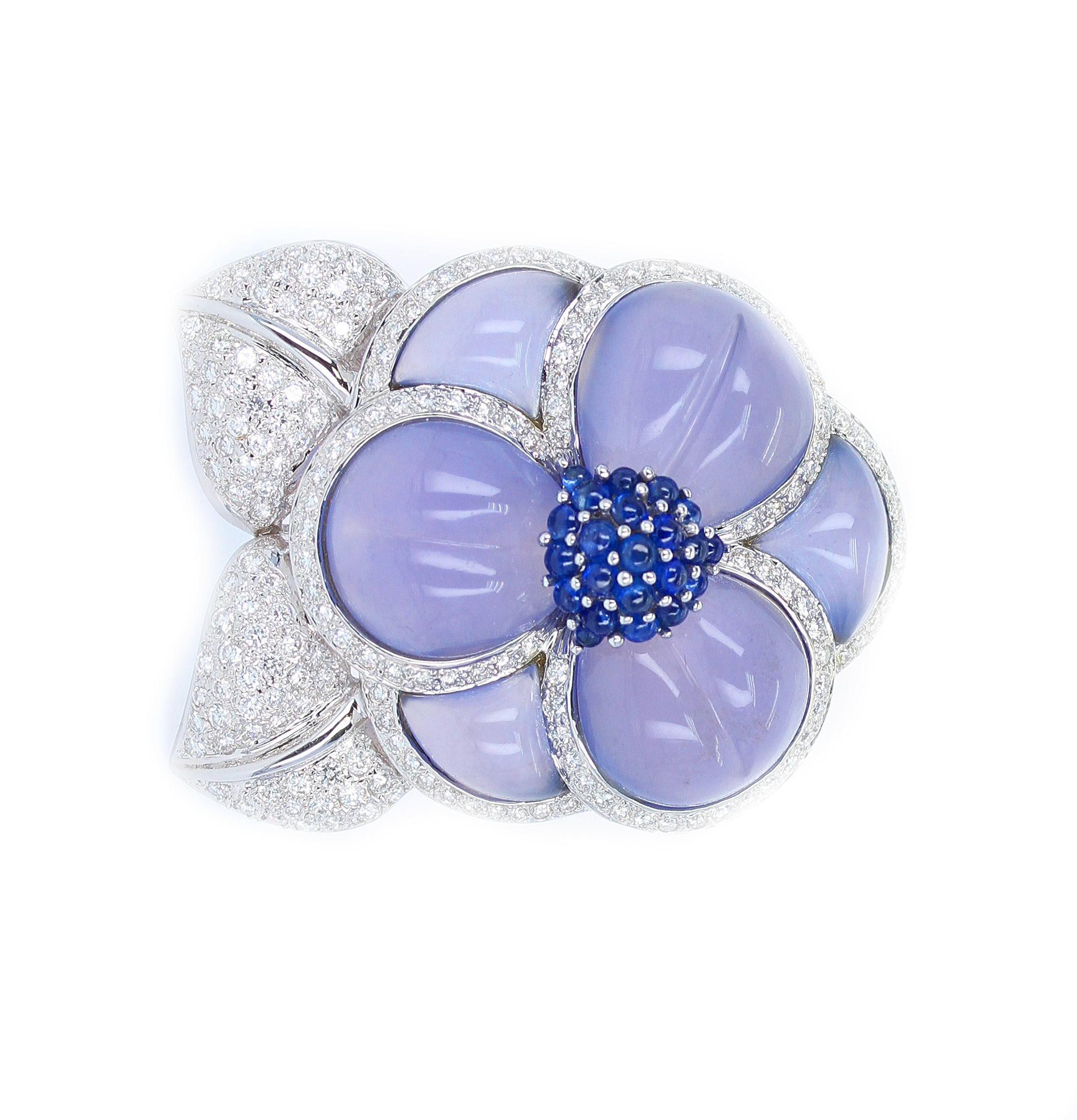 Women's or Men's Carved Chalcedony Floral Brooch with Diamonds and Sapphires, White Gold For Sale