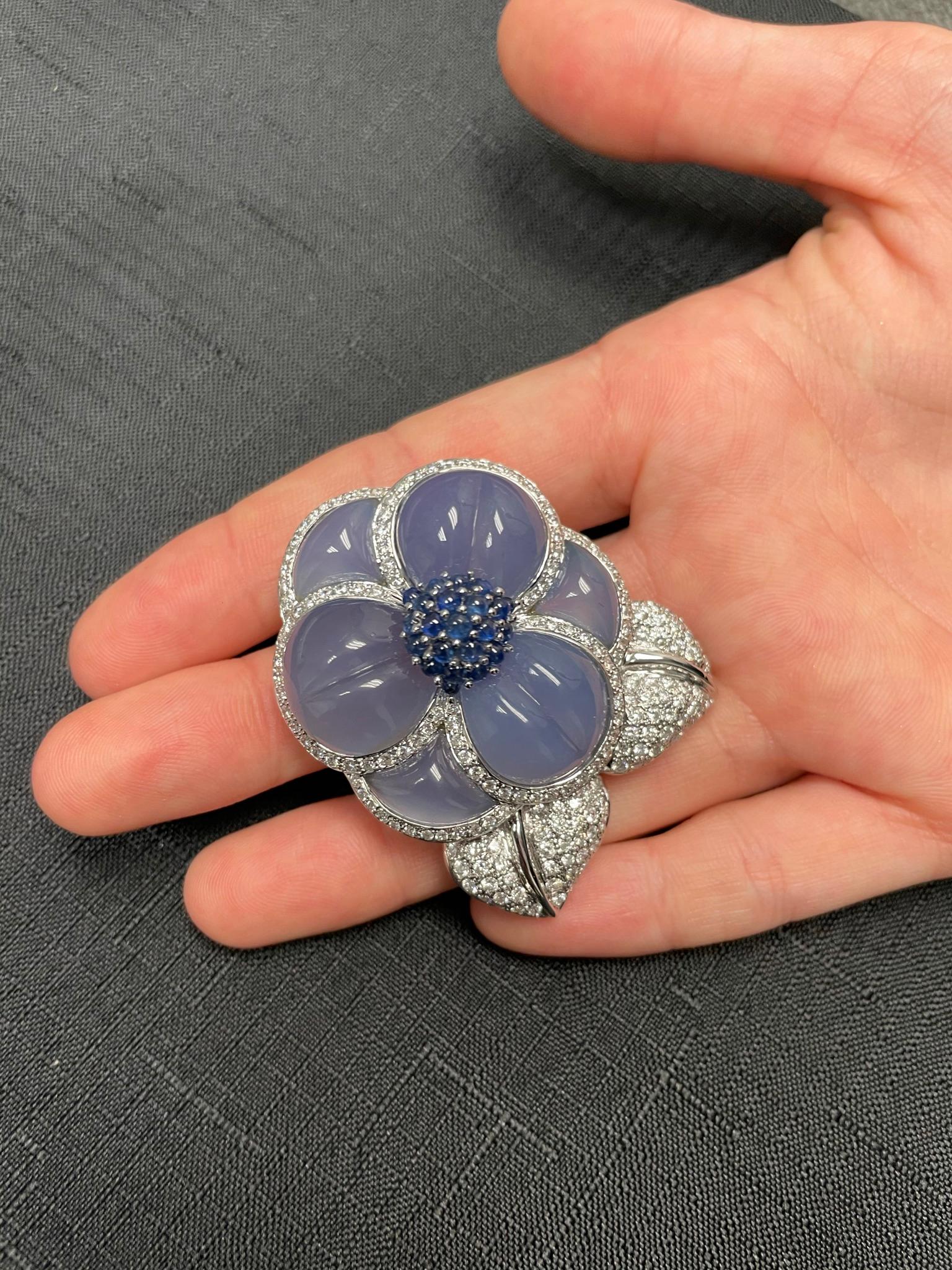 Carved Chalcedony Floral Brooch with Diamonds and Sapphires, White Gold For Sale 1