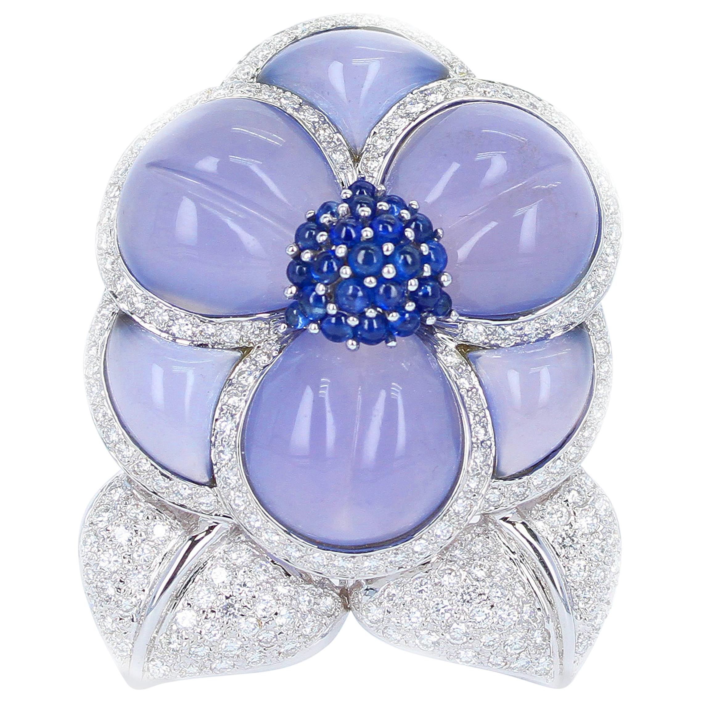 Carved Chalcedony Floral Brooch with Diamonds and Sapphires, White Gold For Sale