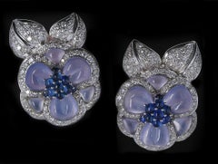 Carved Chalcedony Floral Earrings with Diamonds and Sapphires, White Gold