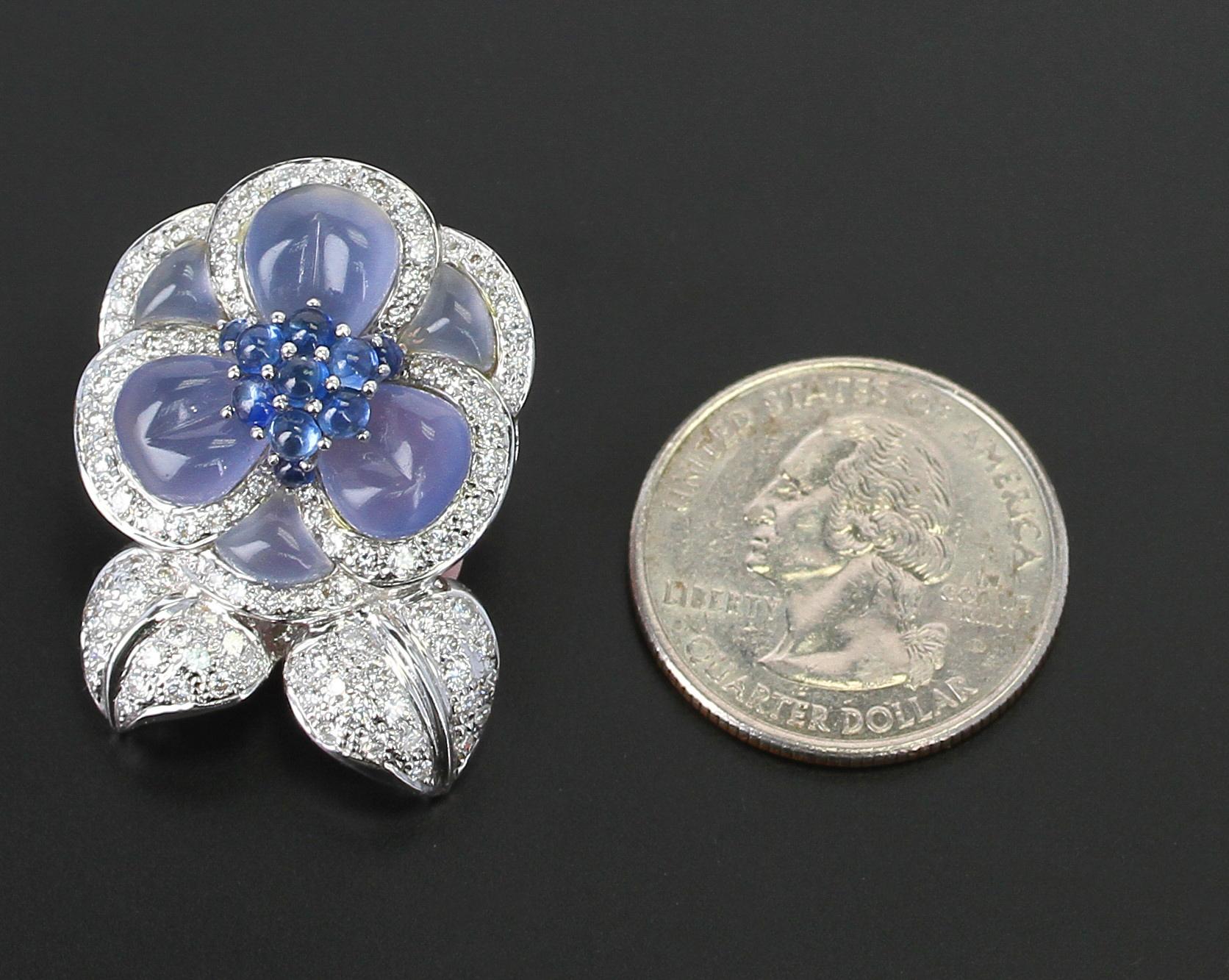Carved Chalcedony Floral Earrings with Diamonds and Sapphires, White Gold In Excellent Condition In New York, NY