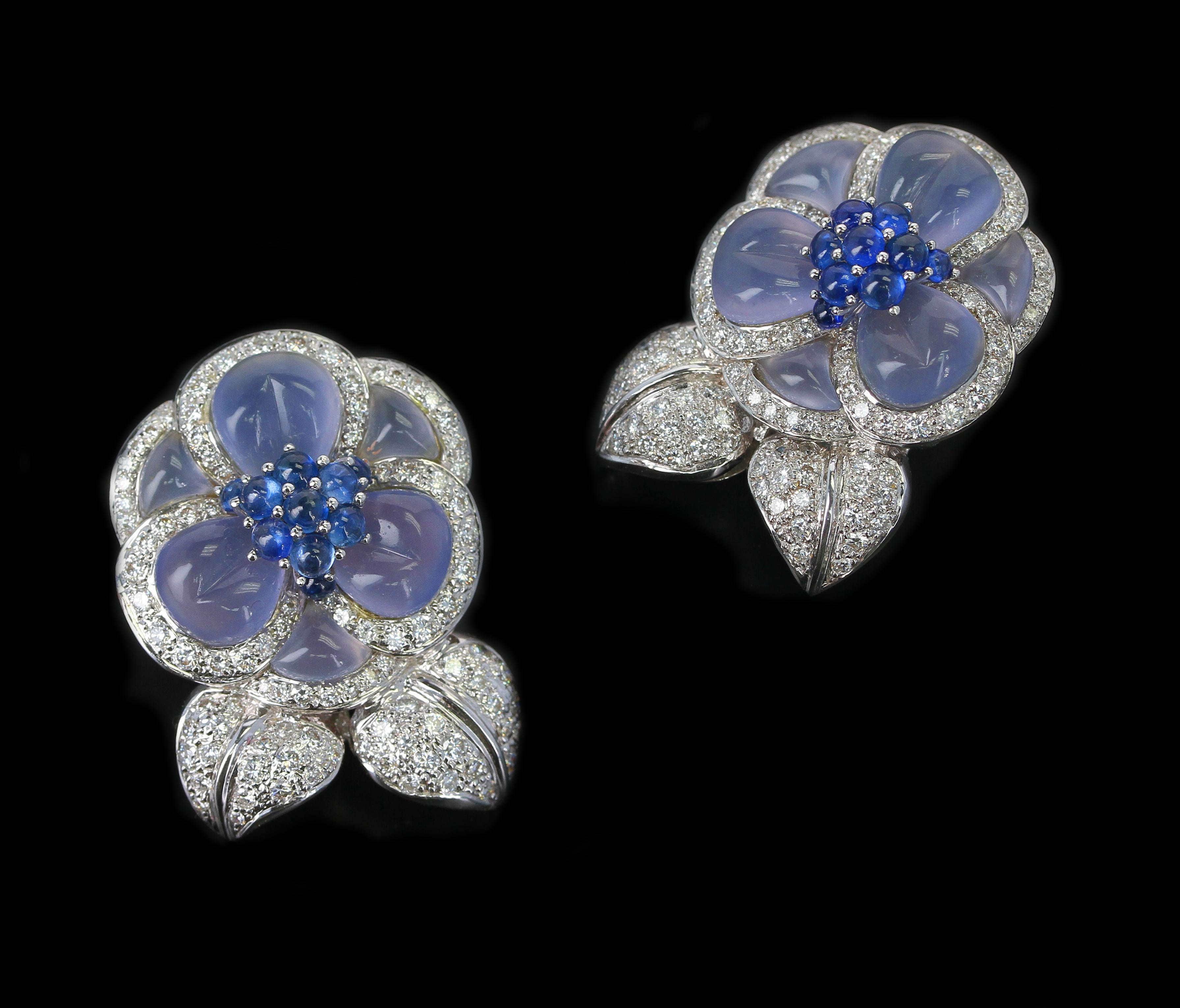 Women's or Men's Carved Chalcedony Floral Earrings with Diamonds and Sapphires, White Gold