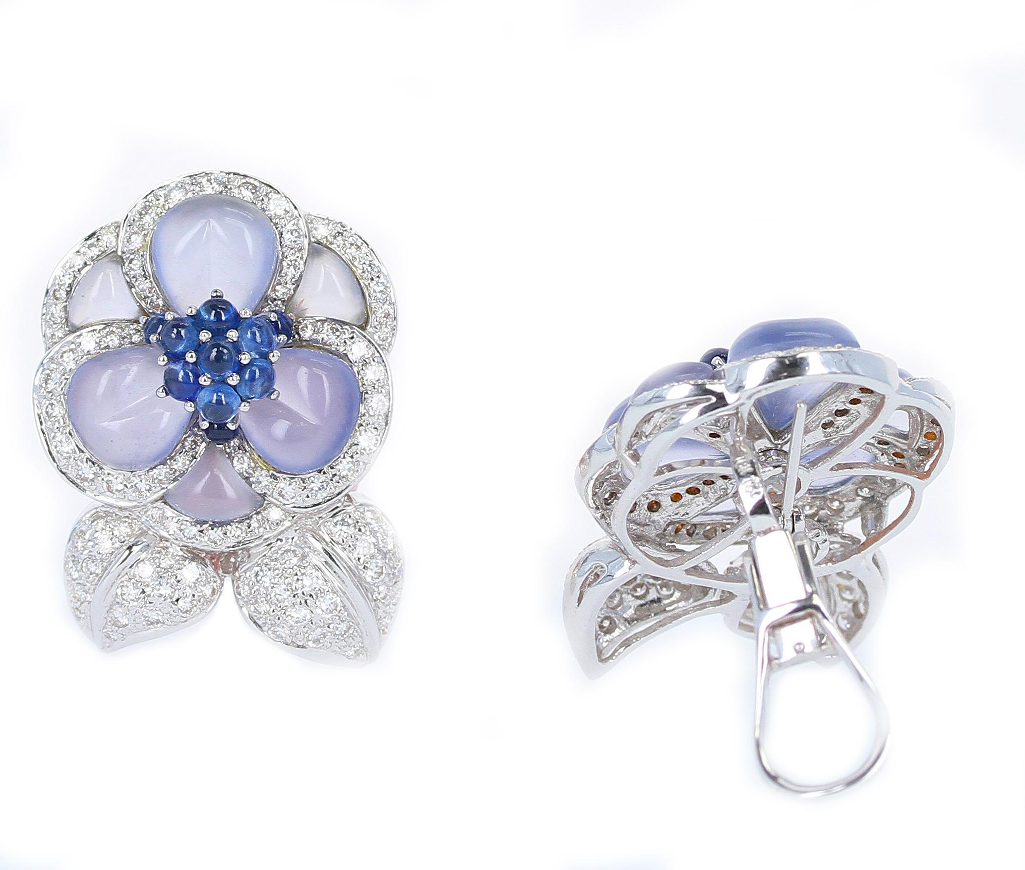 Carved Chalcedony Floral Earrings with Diamonds and Sapphires, White Gold 1