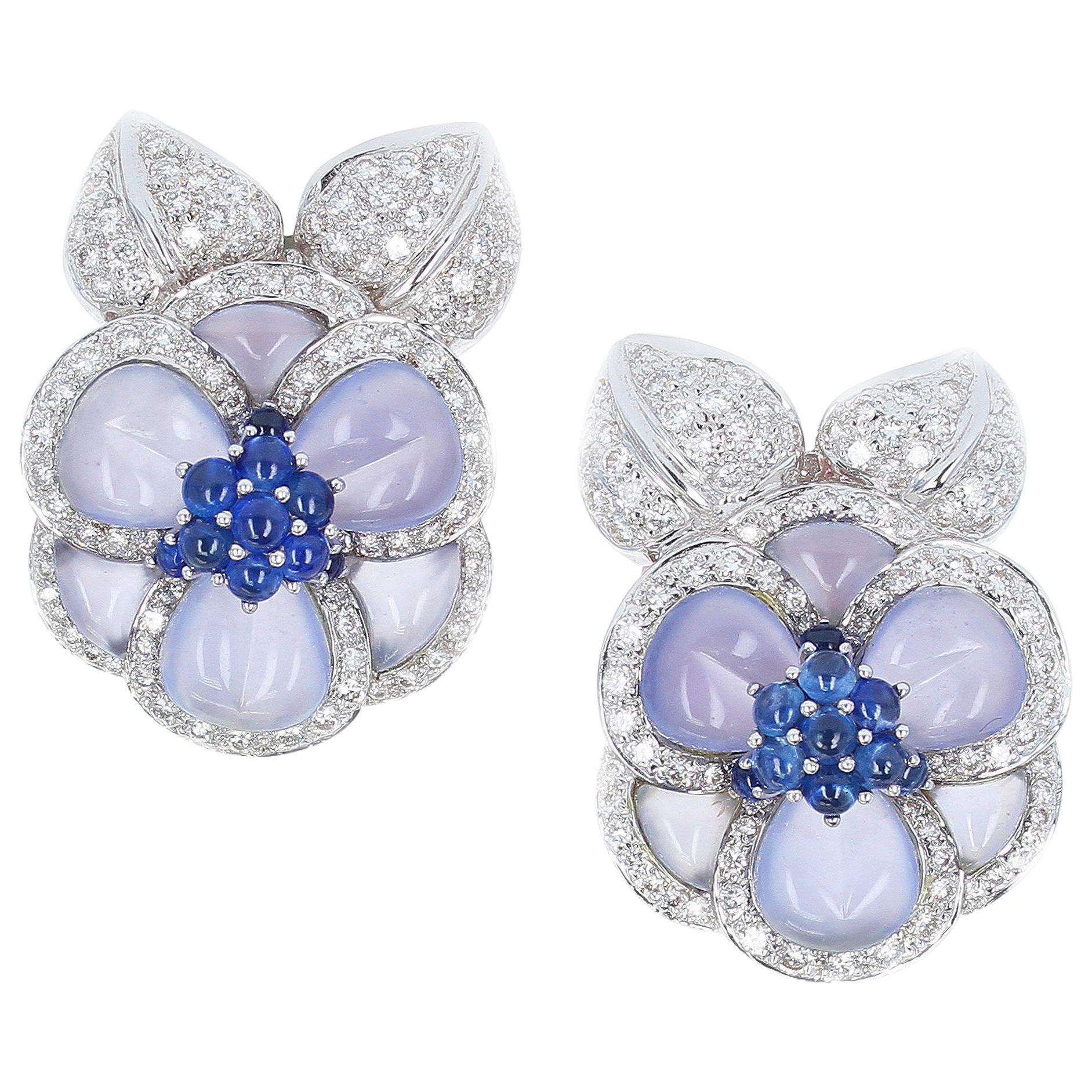 Carved Chalcedony Floral Earrings with Diamonds and Sapphires, White Gold