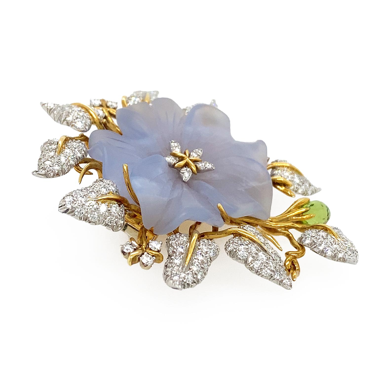 Round Cut Carved Chalcedony Flower Diamond 18K Yellow Gold Brooch For Sale