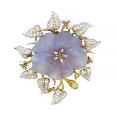 Carved Chalcedony Flower Brooch