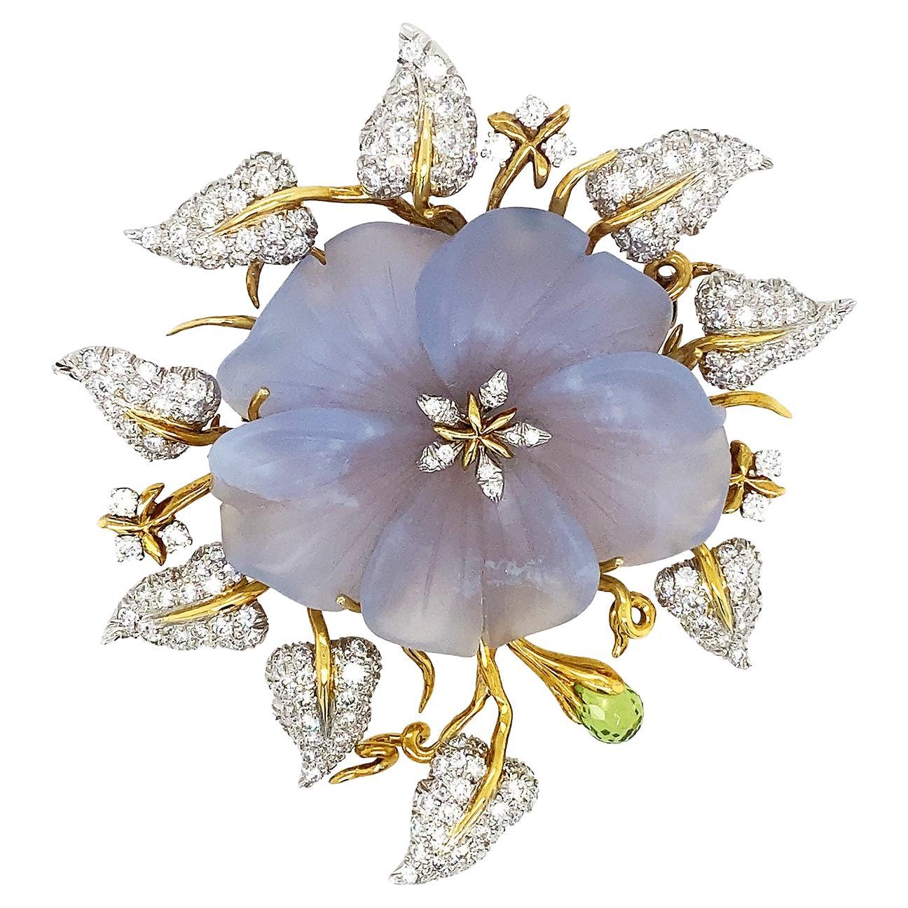 Carved Chalcedony Flower Diamond 18K Yellow Gold Brooch For Sale