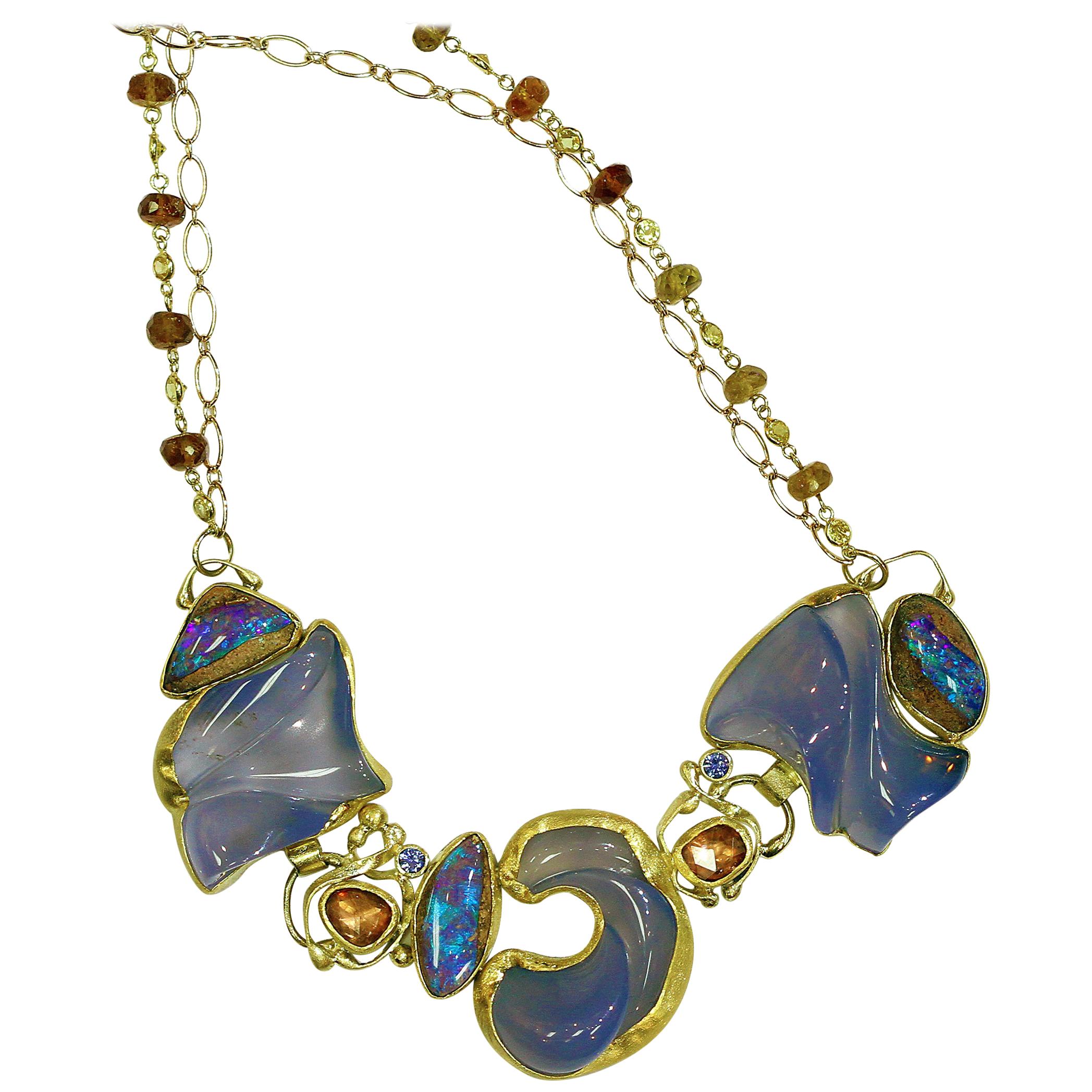 Carved Chalcedony Boulder Opal Necklace Zircon Sapphire Gold 22 Karat 18 Karat
