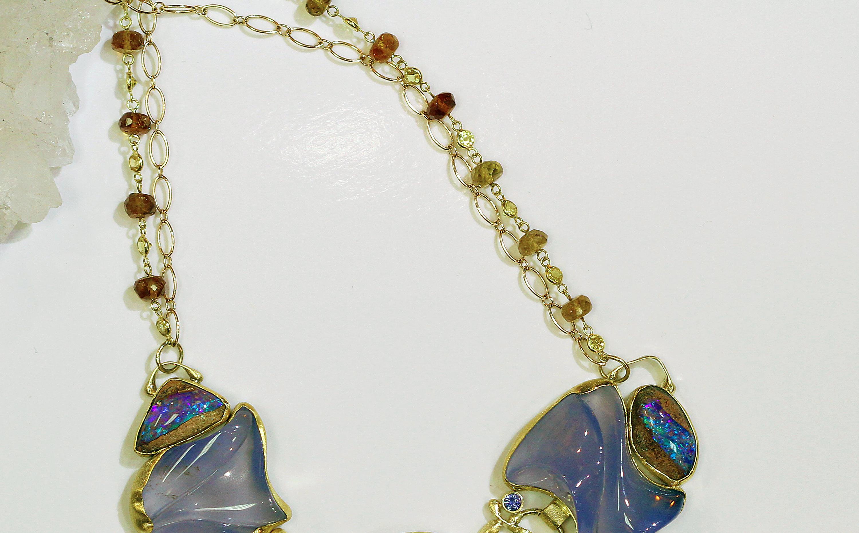 Artisan Carved Chalcedony Boulder Opal Necklace Zircon Sapphire Gold 22 Karat 18 Karat For Sale