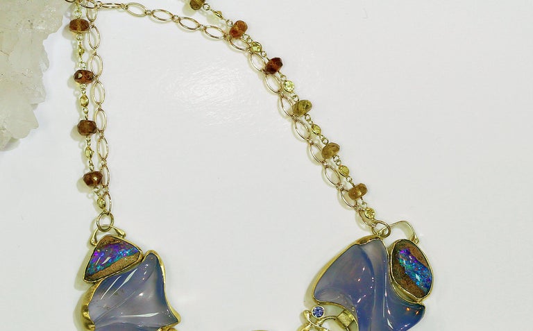 Carved Chalcedony Boulder Opal Necklace Zircon Sapphire Gold 22