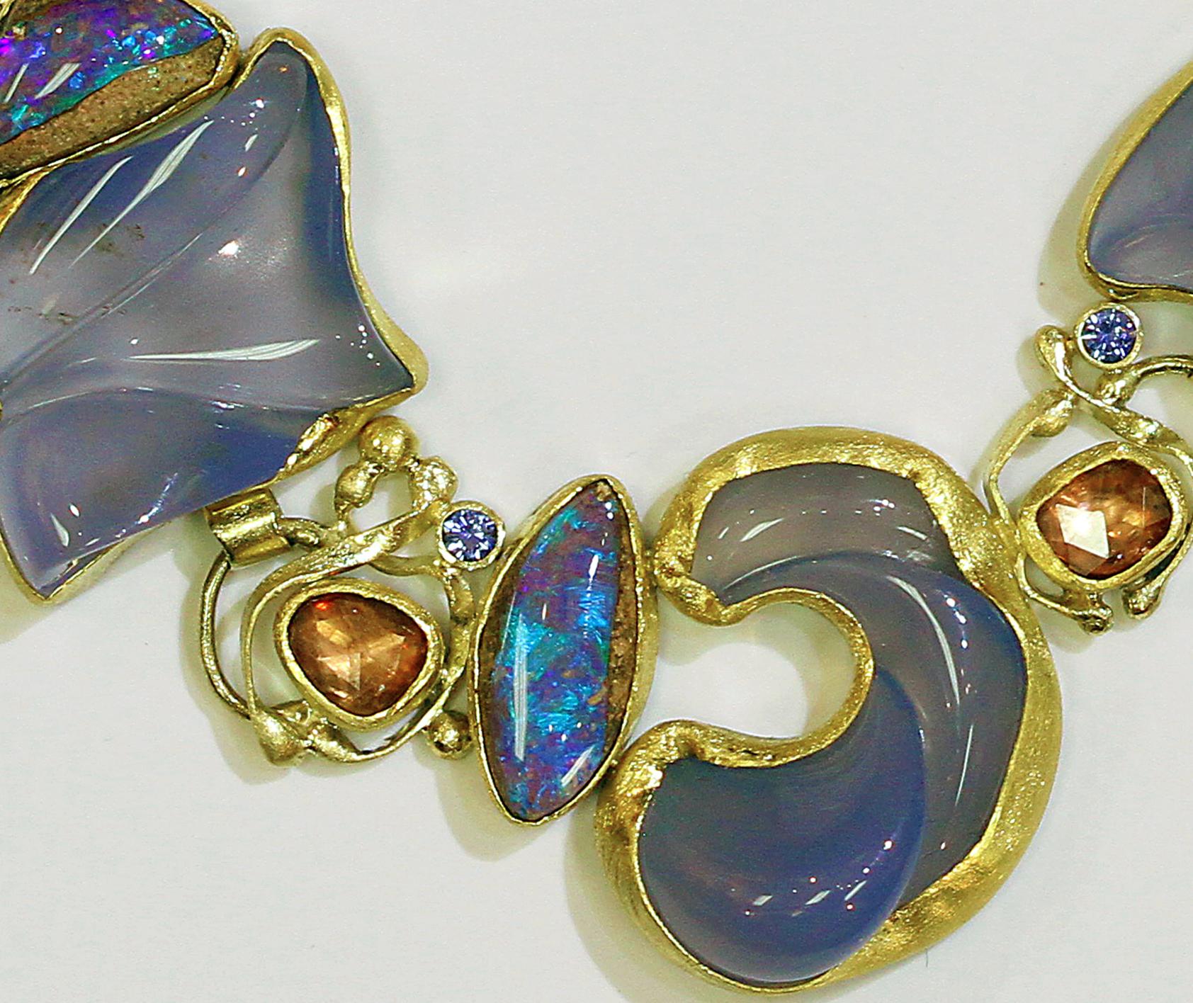 Carved Chalcedony Boulder Opal Necklace Zircon Sapphire Gold 22 Karat 18 Karat In New Condition For Sale In Wolfeboro, NH
