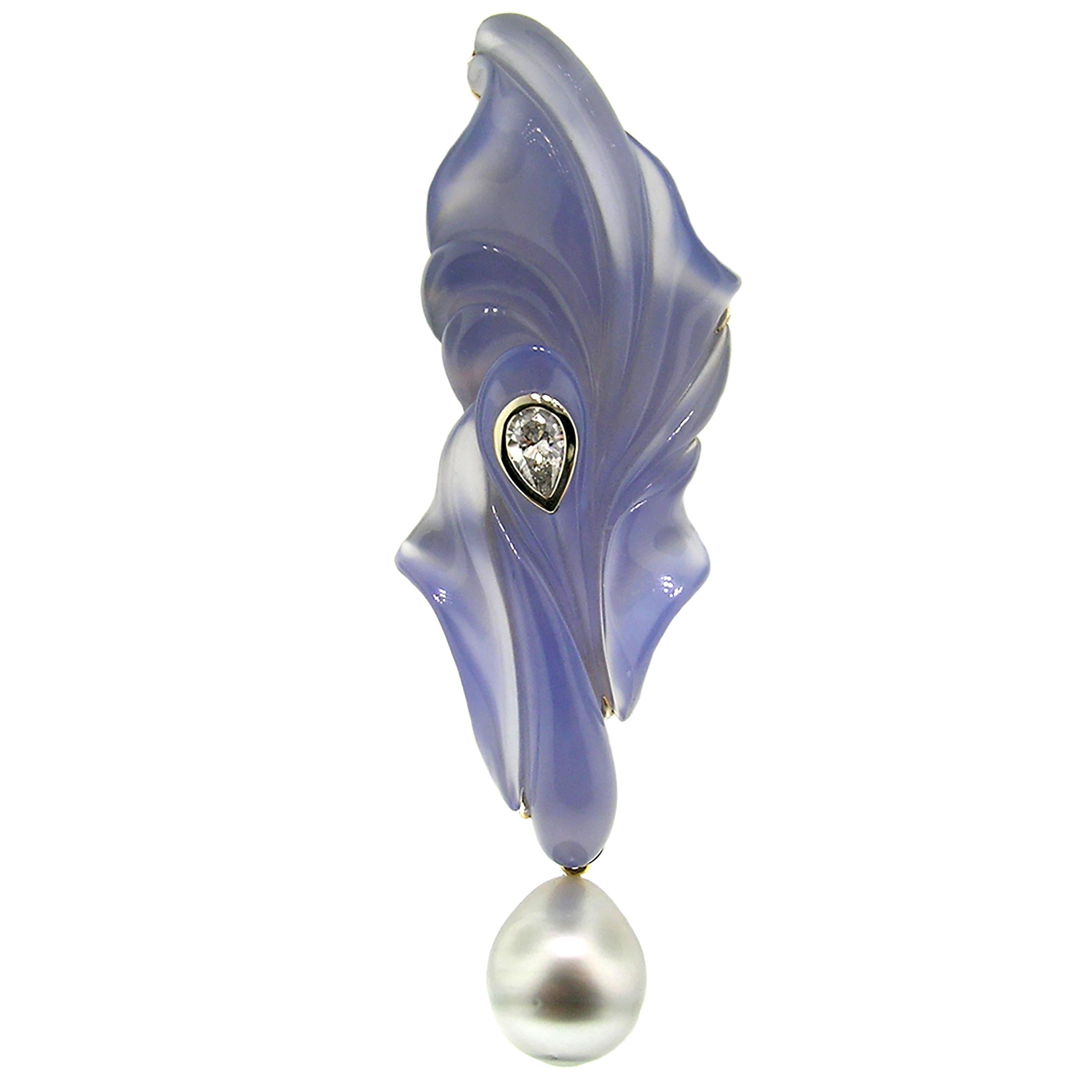 Carved Chalcedony Sculpture in 18kt Pendant and Brooch with Pearl and Diamond