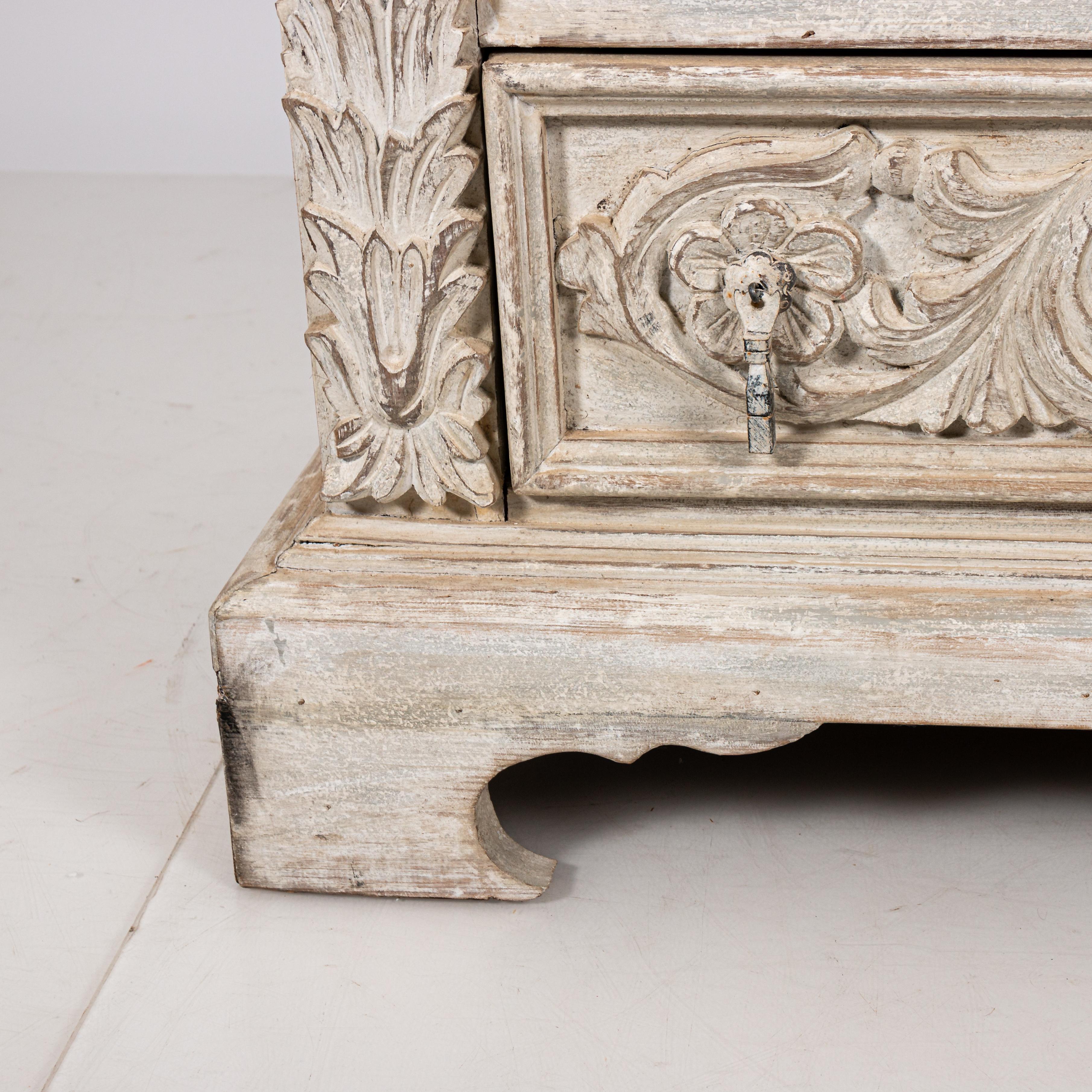 19th Century Whitewashed Antique Chest of Drawers with Hand-carved Leaf Motif