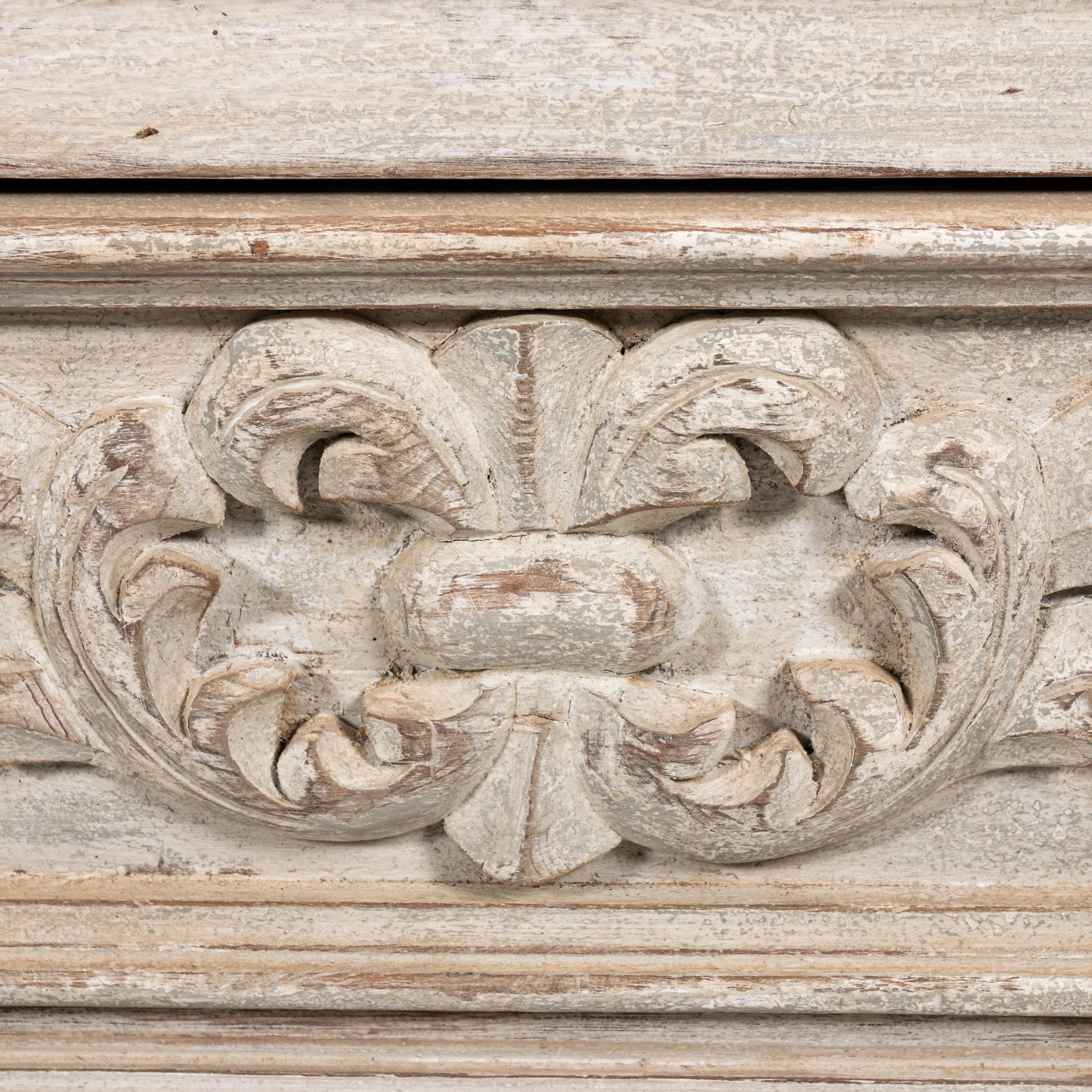 Oak Whitewashed Antique Chest of Drawers with Hand-carved Leaf Motif