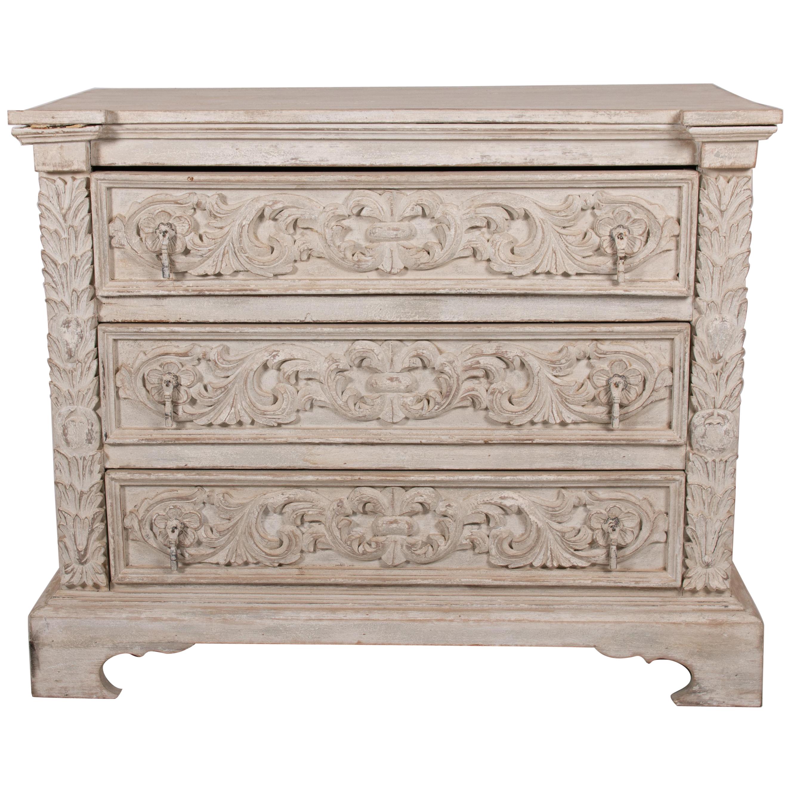Whitewashed Antique Chest of Drawers with Hand-carved Leaf Motif