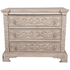 Whitewashed Antique Chest of Drawers with Hand-carved Leaf Motif