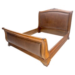 Carved Chestnut Brown Leather Upholstery Heavy Frame KING Size Sleigh Bed MINT!