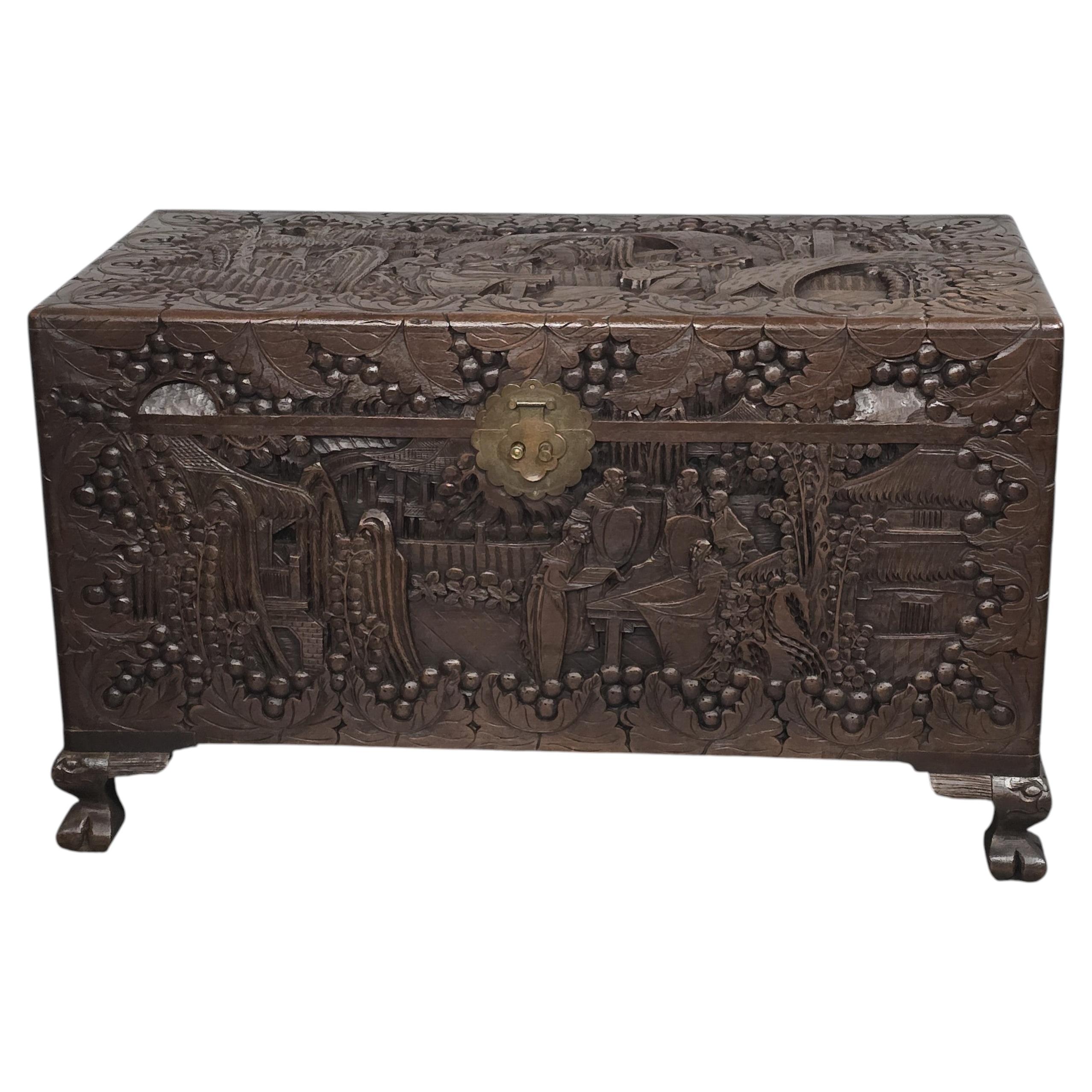 Carved Chinese Camphor Wood Chest