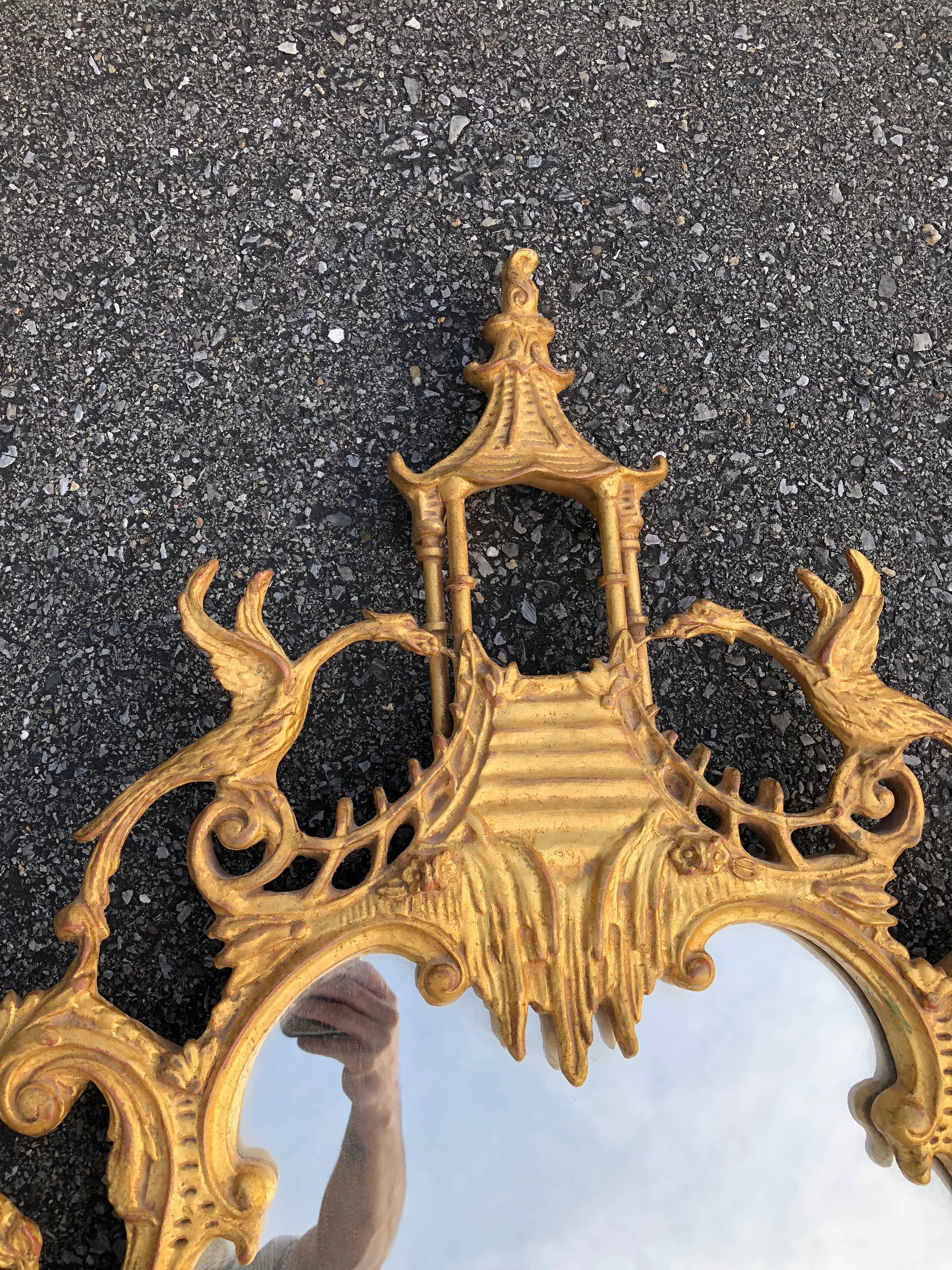 Carved Chinese Chippendale Mirror Double Phoenix Carvers Guild Gold Leaf Mirror 2
