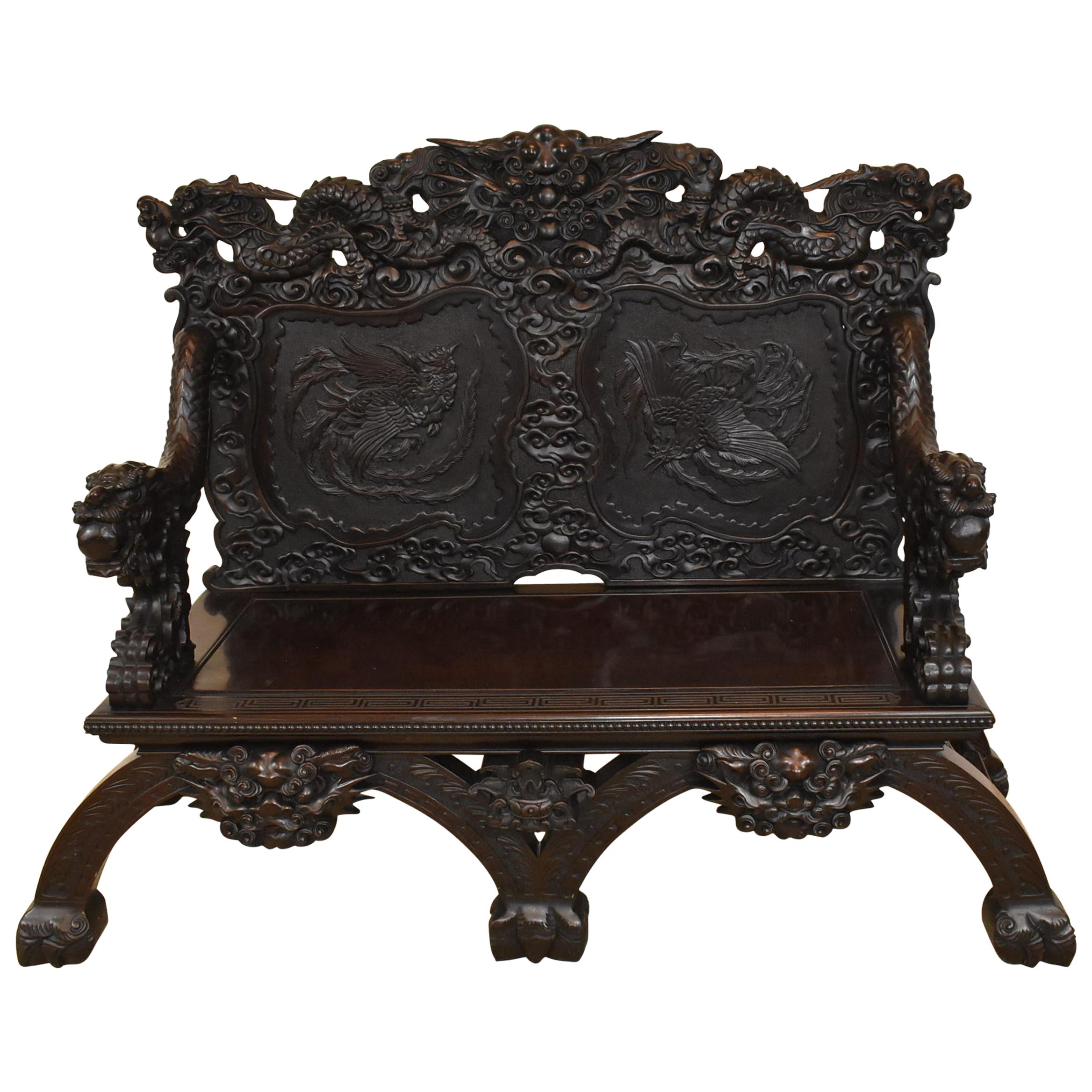Carved Chinese Dragon Head Bench