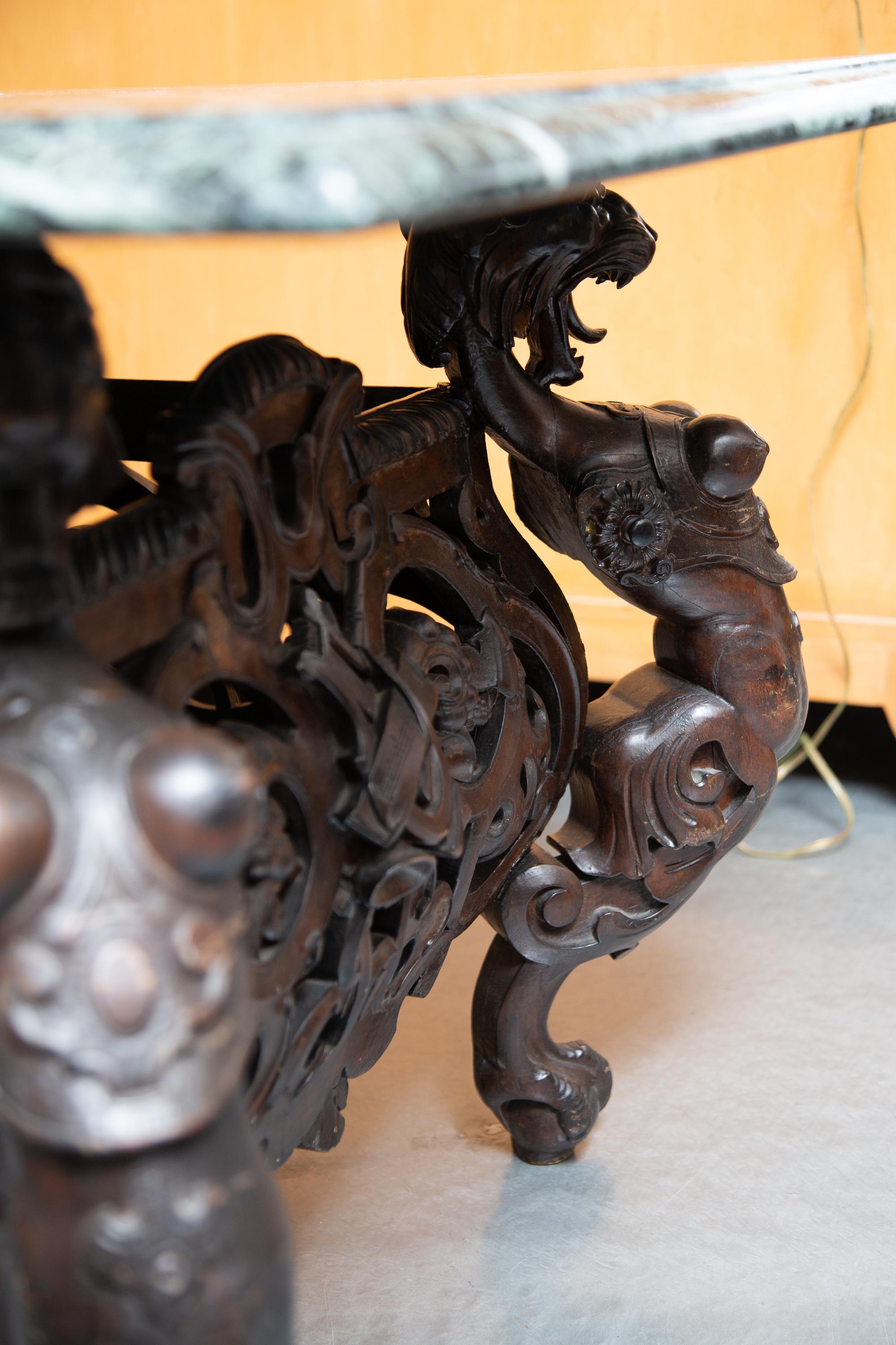 Beveled Carved Chinese Figural Coffee Table with Marble Top