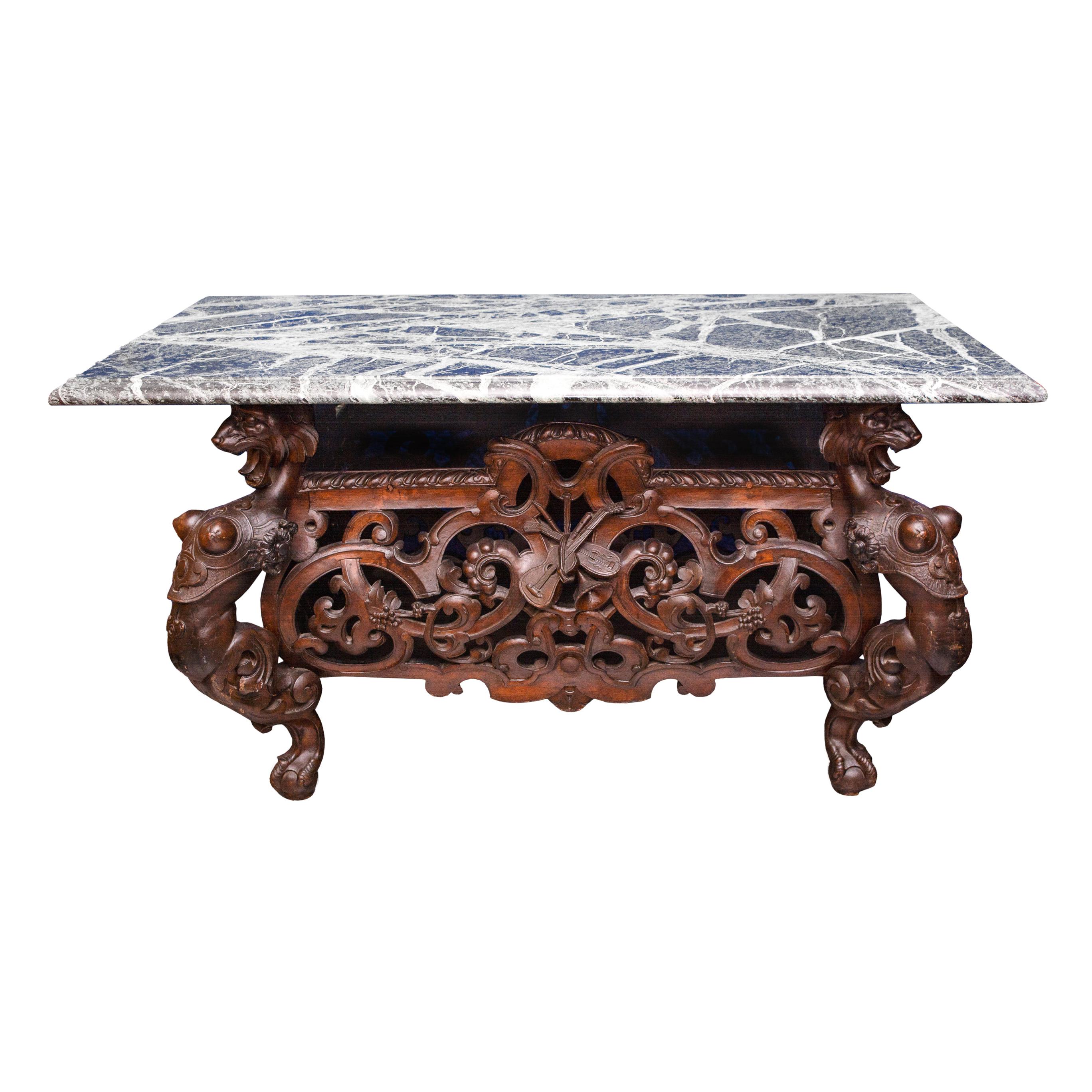 Carved Chinese Figural Coffee Table with Marble Top