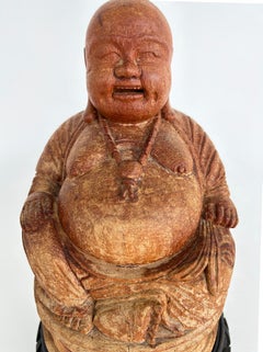 Carved Chinese Figure of Buddha on Carved Base, Signed to the Underside