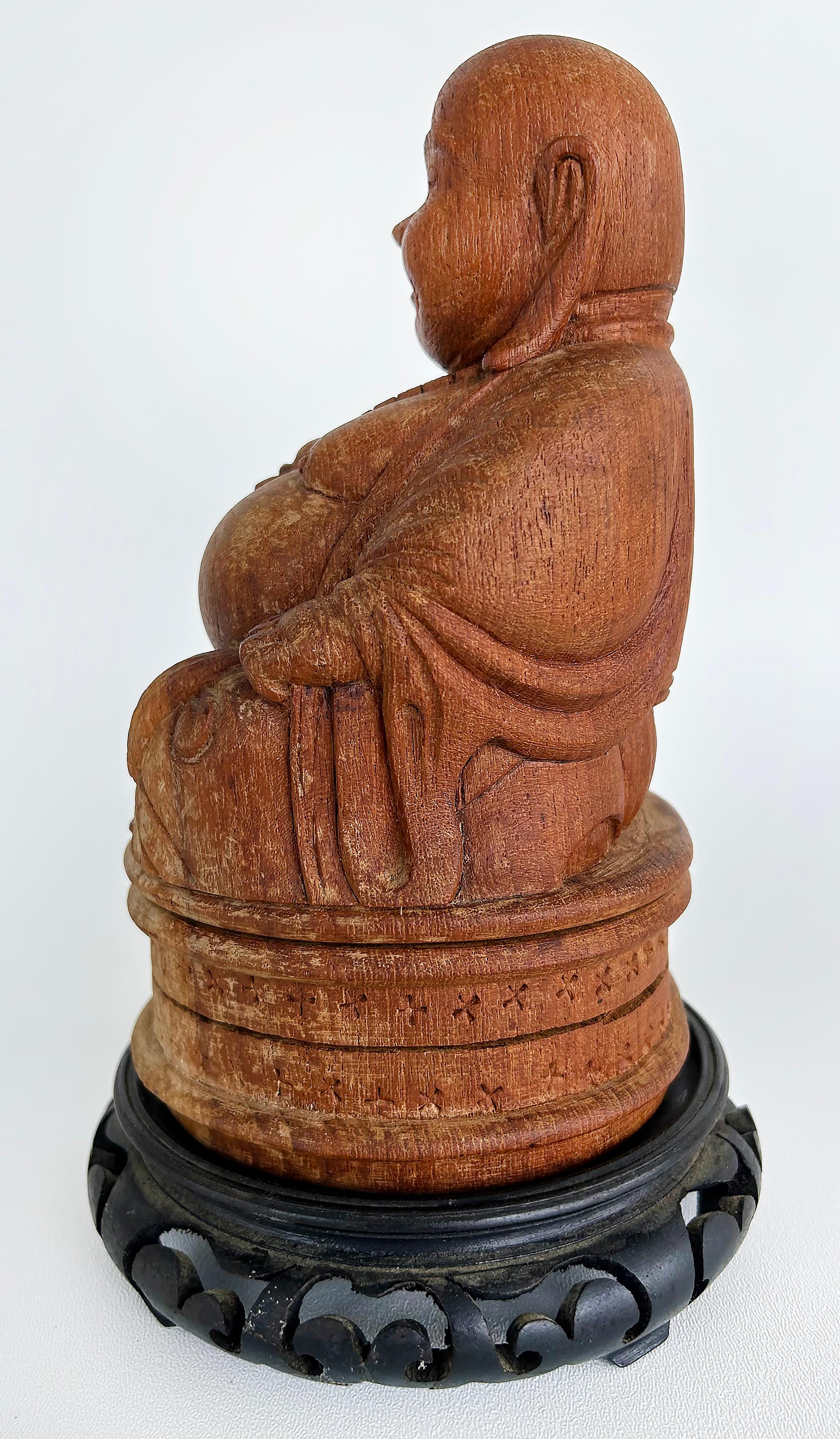 Hand-Carved Carved Chinese Figure of Buddha on Carved Base, Signed to the Underside For Sale