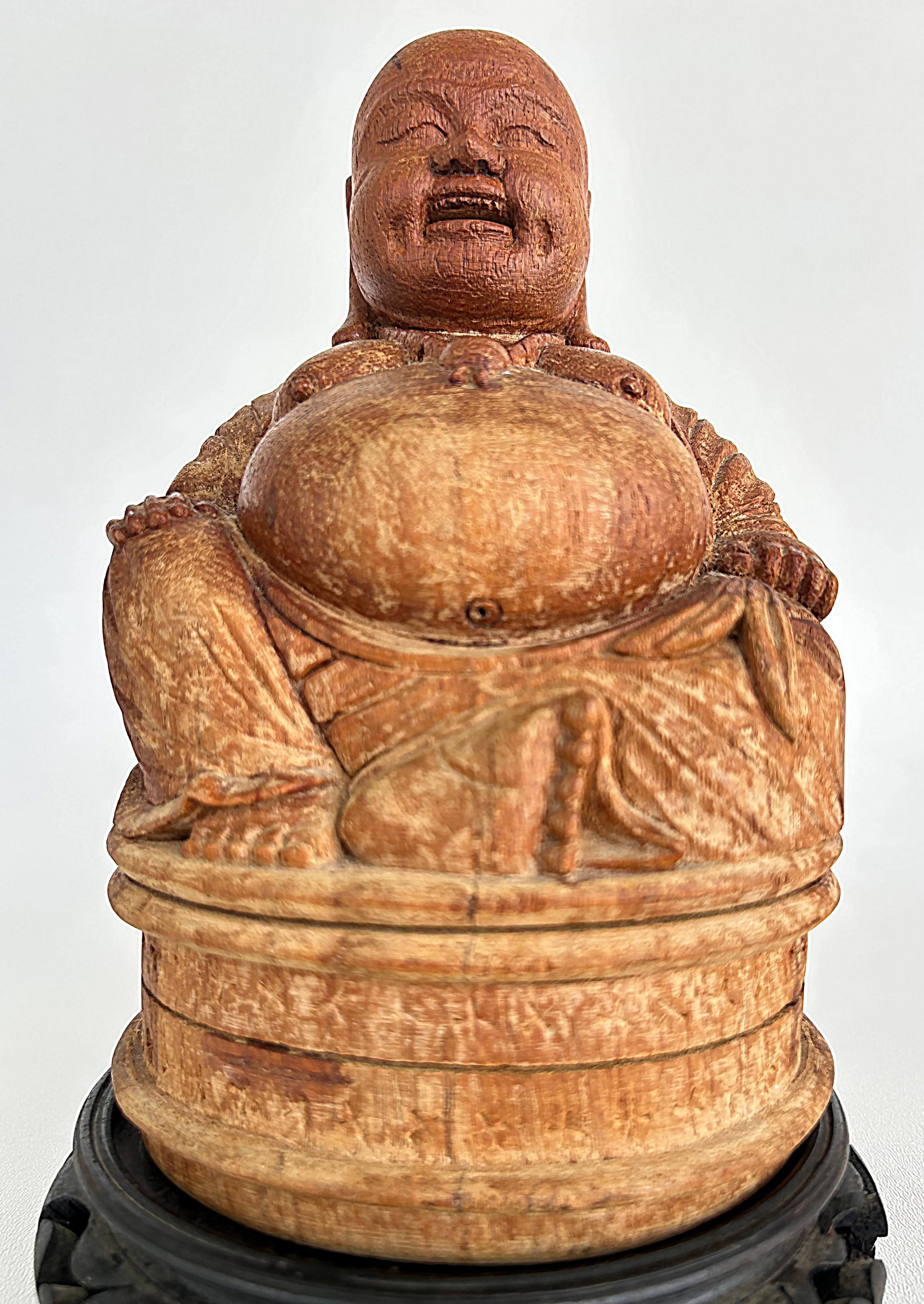 Carved Chinese Figure of Buddha on Carved Base, Signed to the Underside In Good Condition For Sale In Miami, FL