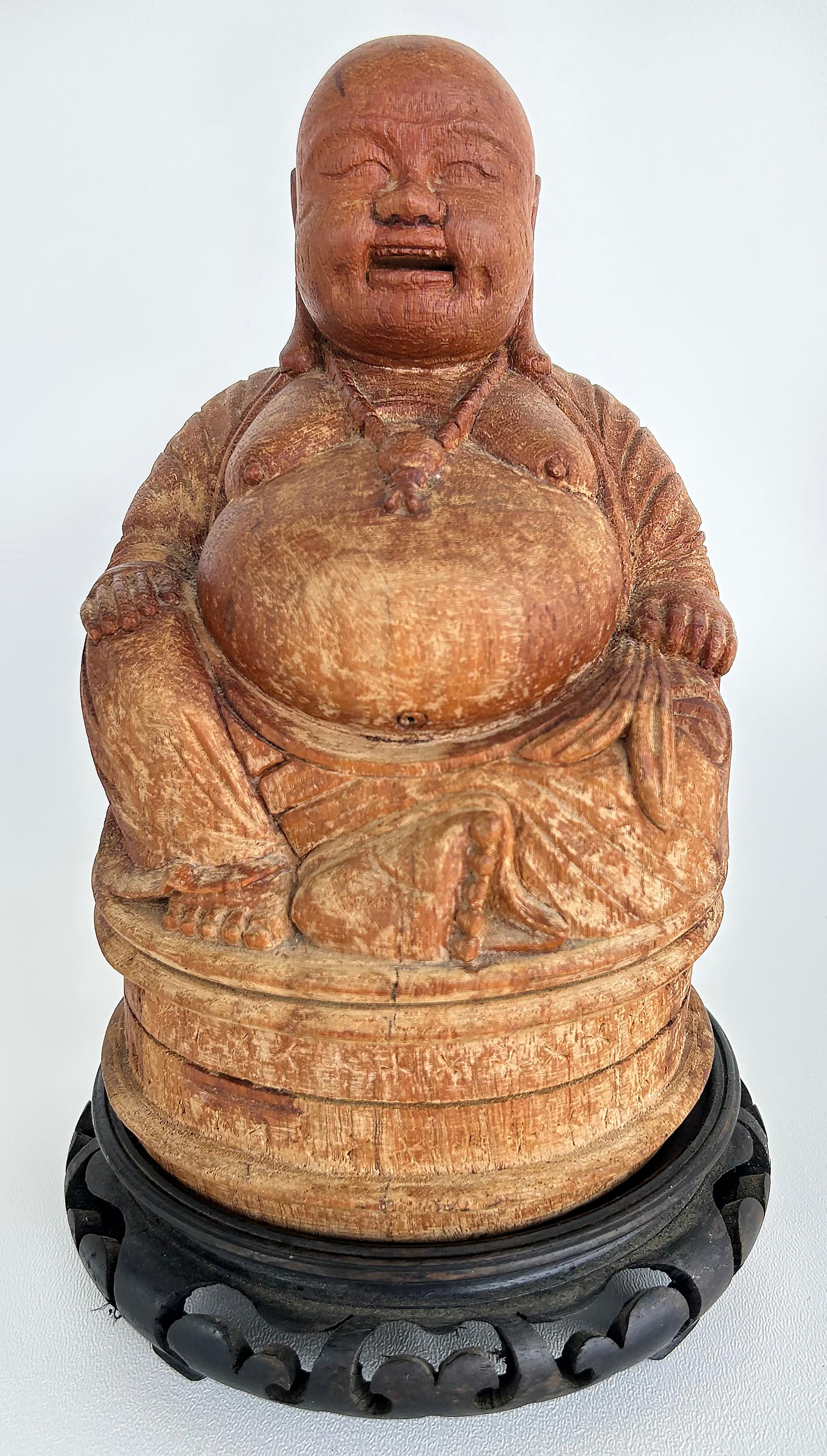 Carved Chinese Figure of Buddha on Carved Base, Signed to the Underside For Sale 1