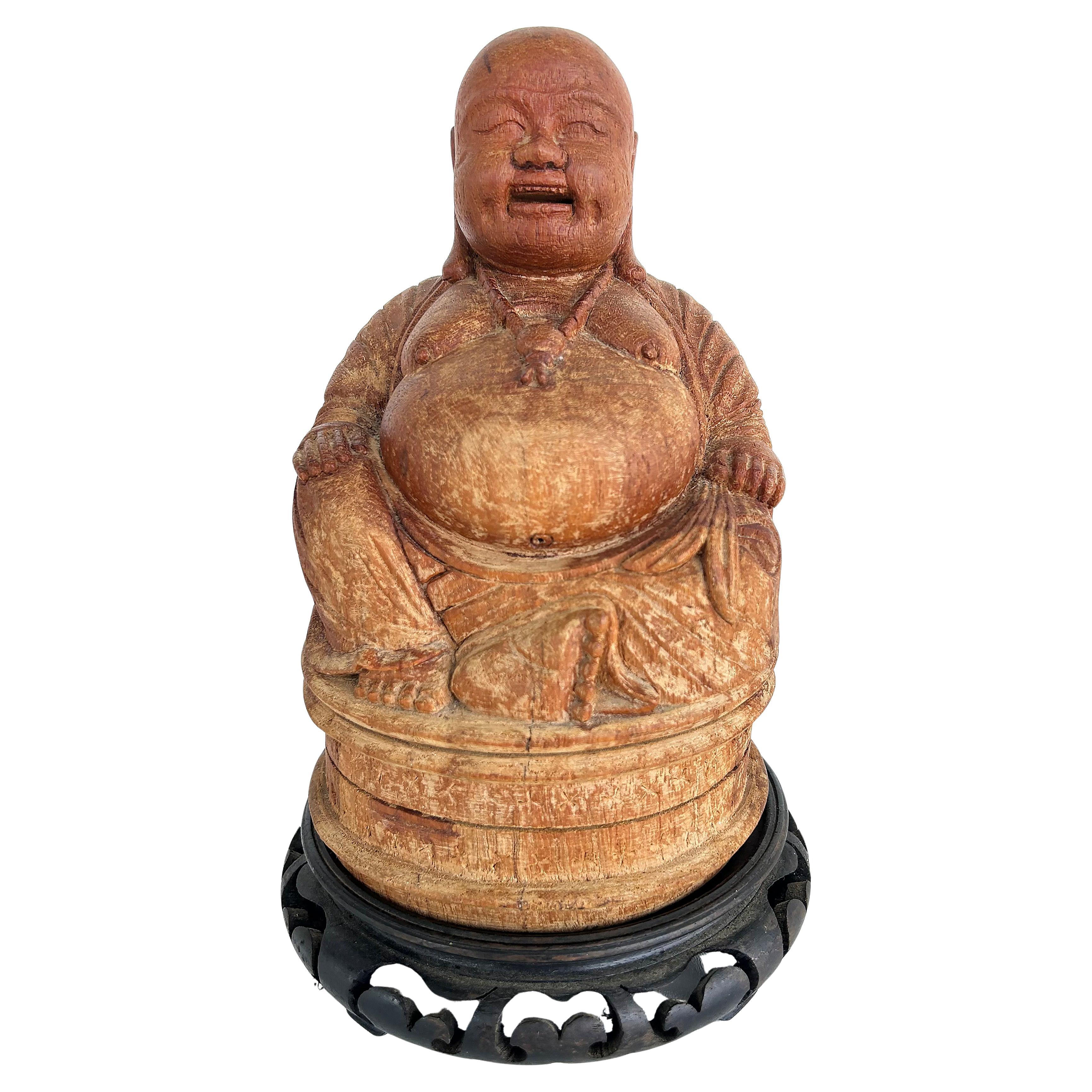 Carved Chinese Figure of Buddha on Carved Base, Signed to the Underside For Sale