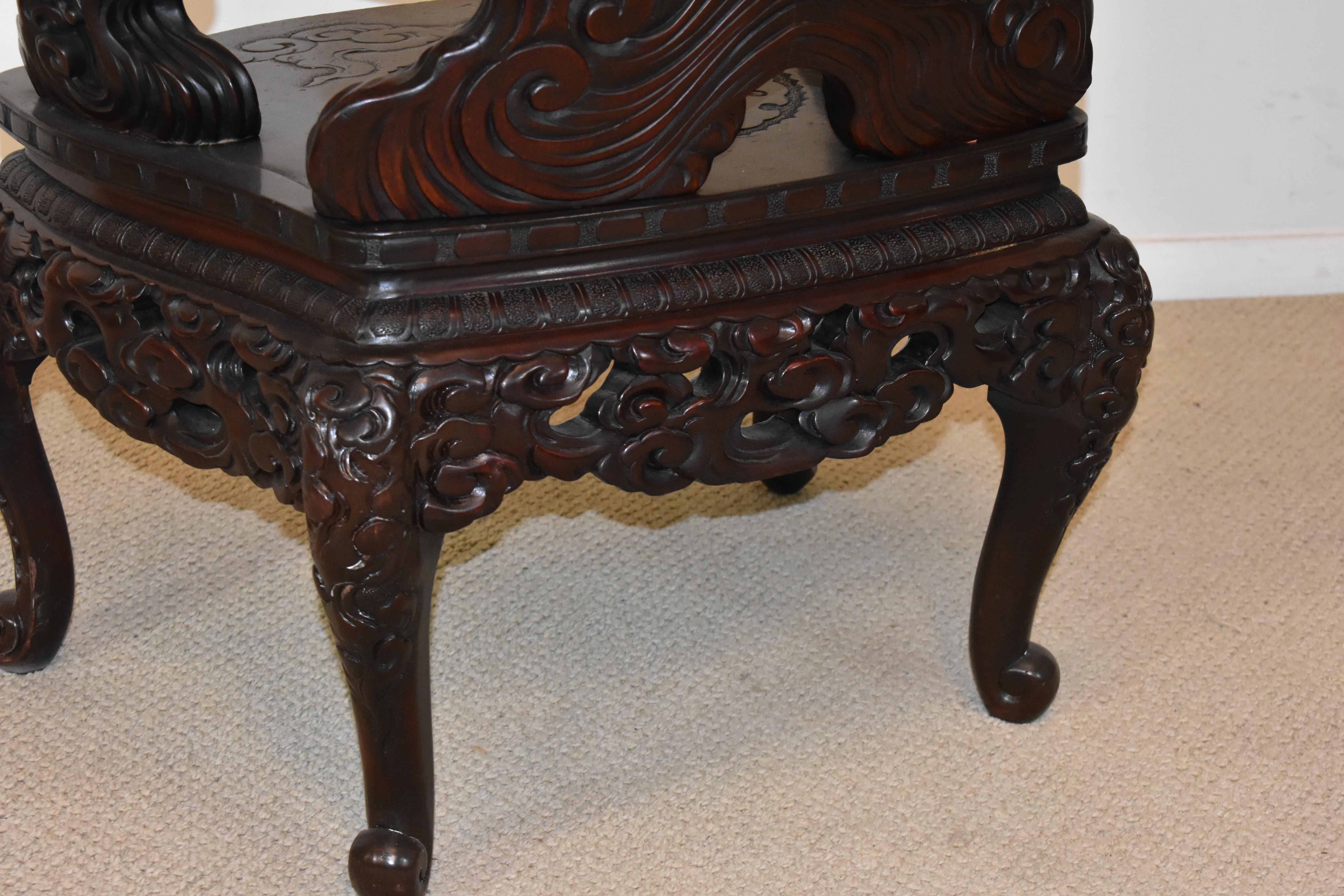 Unknown Carved Chinese High Back Fantasy Chair Dragon, Birds, Iris