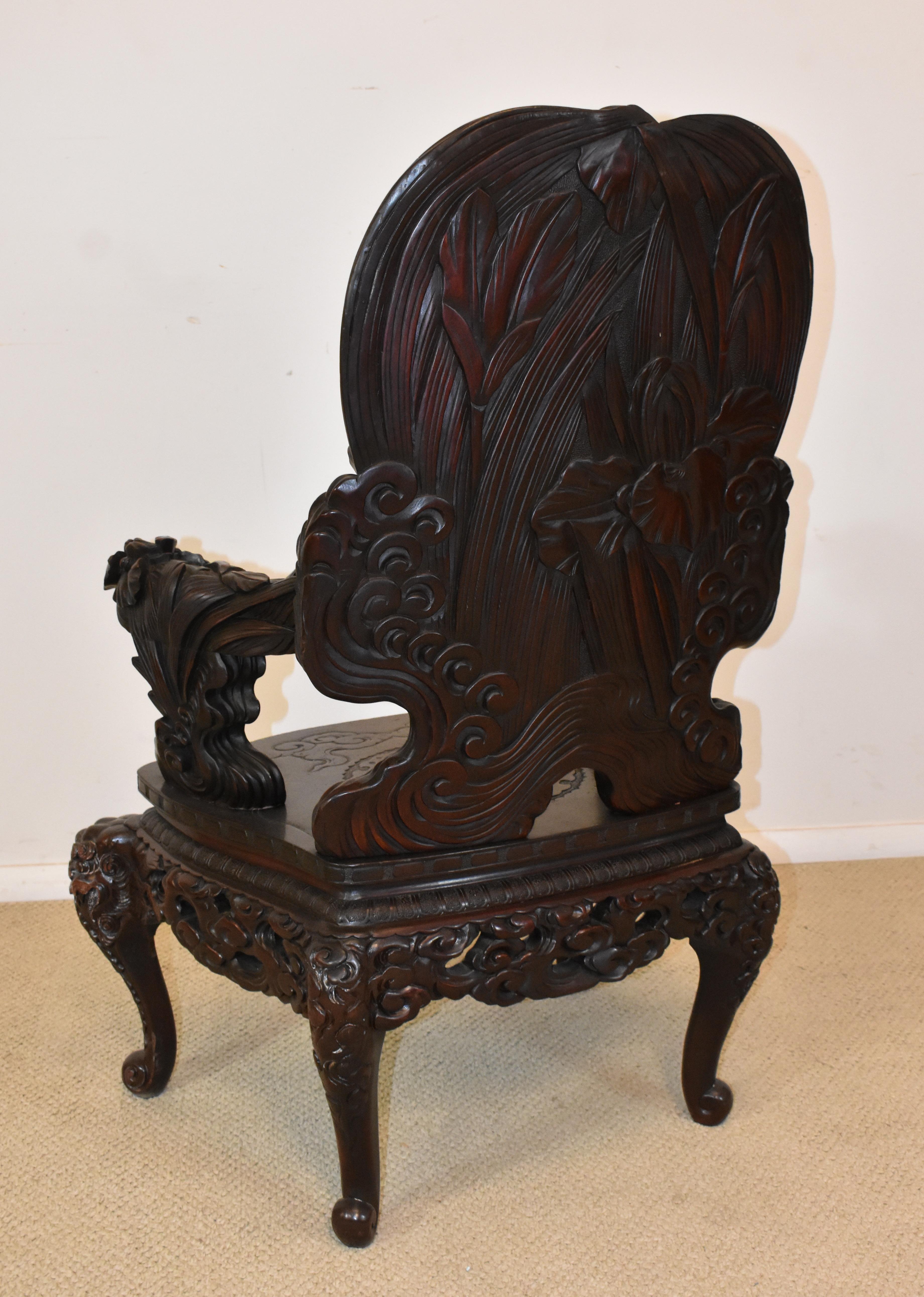 20th Century Carved Chinese High Back Fantasy Chair Dragon, Birds, Iris