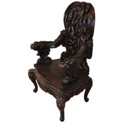 Carved Chinese High Back Fantasy Chair Dragon, Birds, Iris