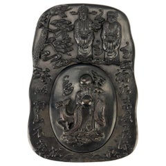 Antique Carved Chinese Inkstone with Longevity Symbols and Marks
