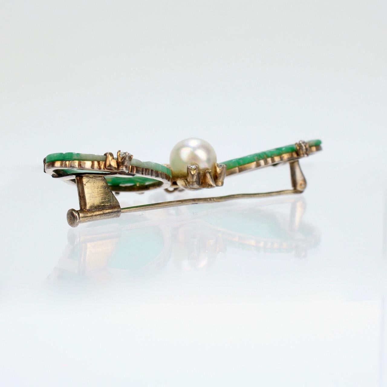 Carved Chinese Jade, 14 Karat Gold, & Pearl Figural Butterfly Brooch Pin For Sale 3