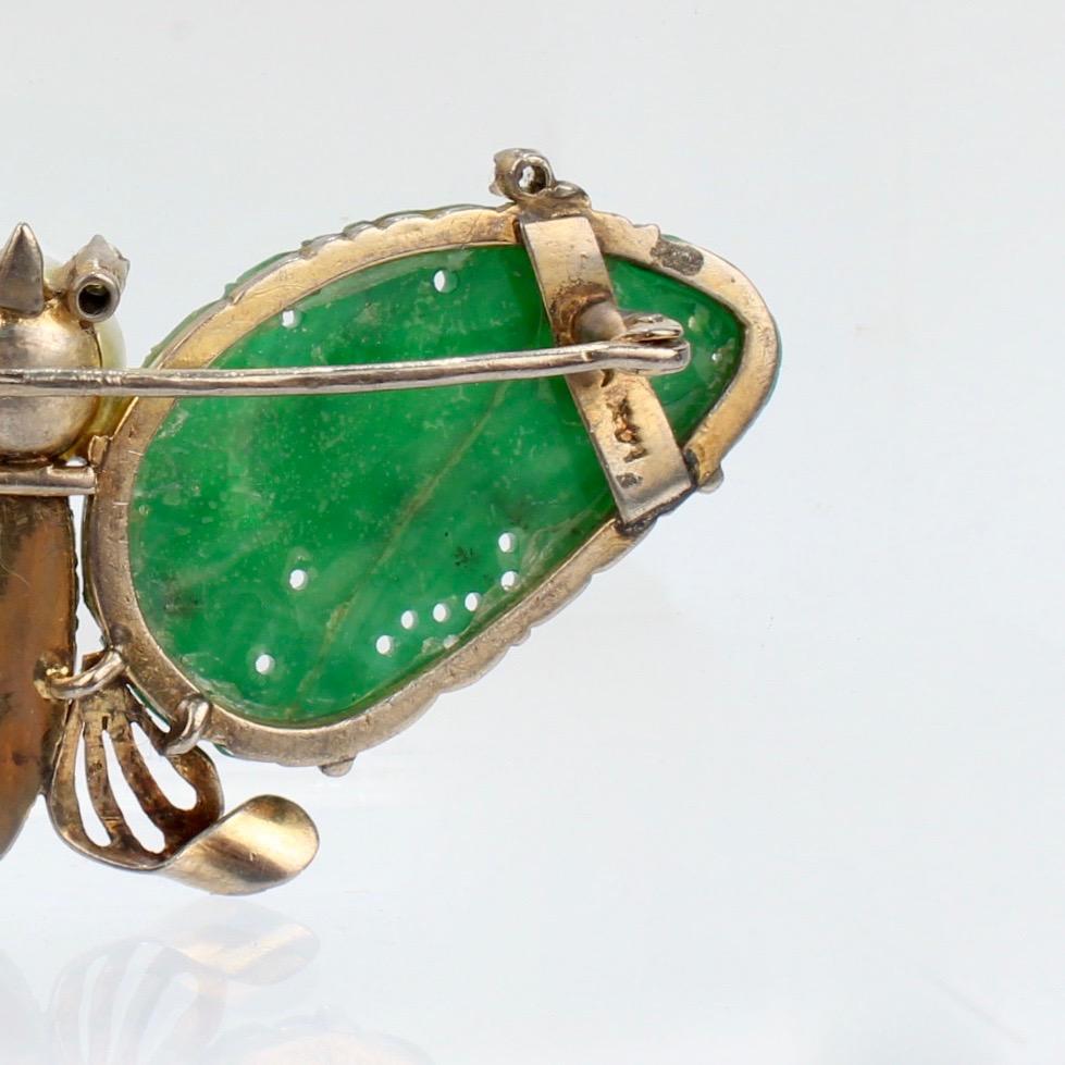 Carved Chinese Jade, 14 Karat Gold, & Pearl Figural Butterfly Brooch Pin For Sale 4