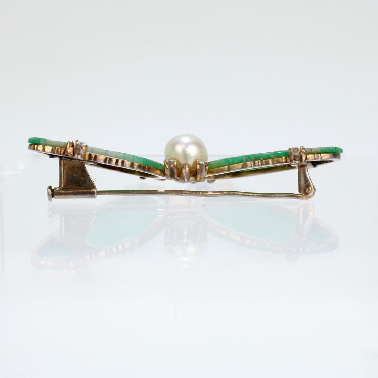 Art Deco Carved Chinese Jade, 14 Karat Gold, & Pearl Figural Butterfly Brooch Pin For Sale