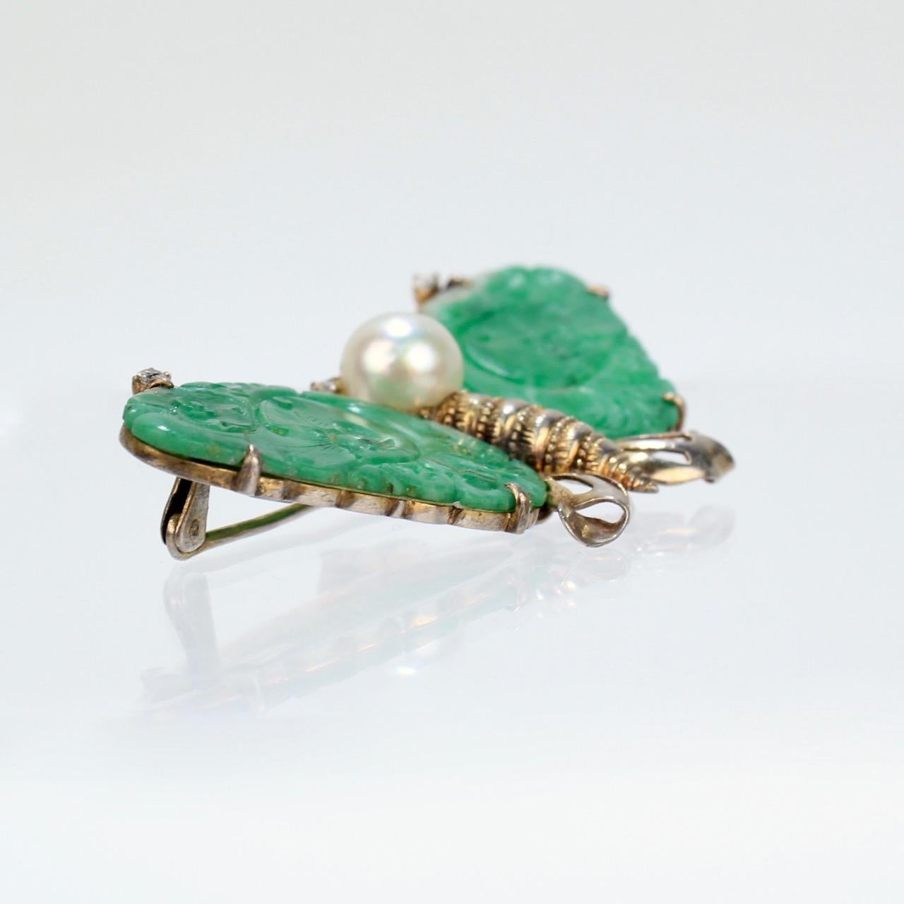 Carved Chinese Jade, 14 Karat Gold, & Pearl Figural Butterfly Brooch Pin In Fair Condition For Sale In Philadelphia, PA