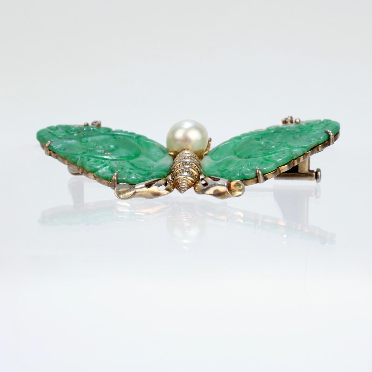 Women's Carved Chinese Jade, 14 Karat Gold, & Pearl Figural Butterfly Brooch Pin For Sale