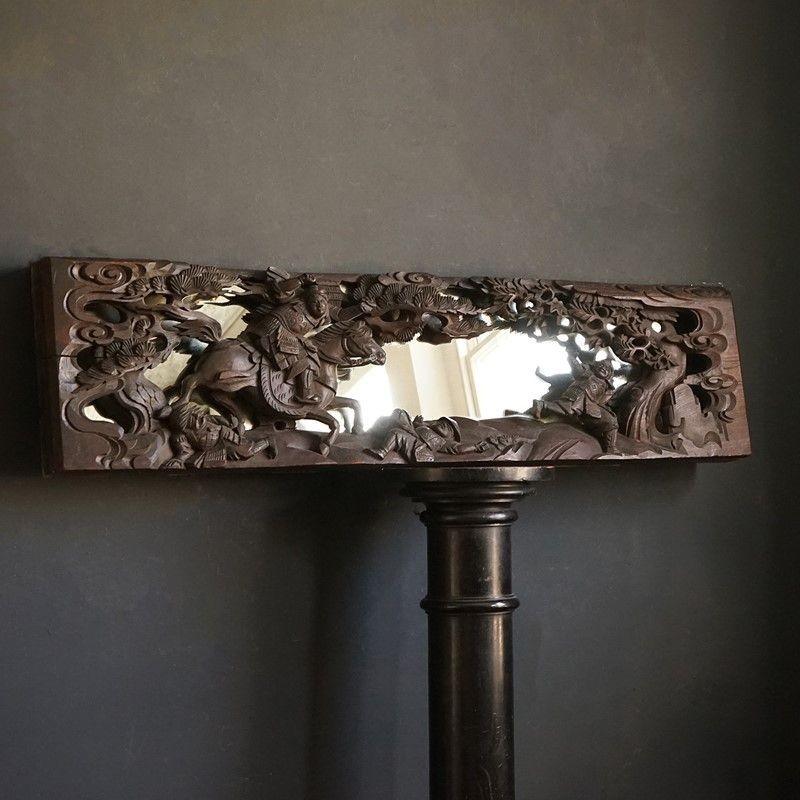 Hand-Carved Antique Heavily Carved Wooden Chinese Mirror Depicting a Battle Scene