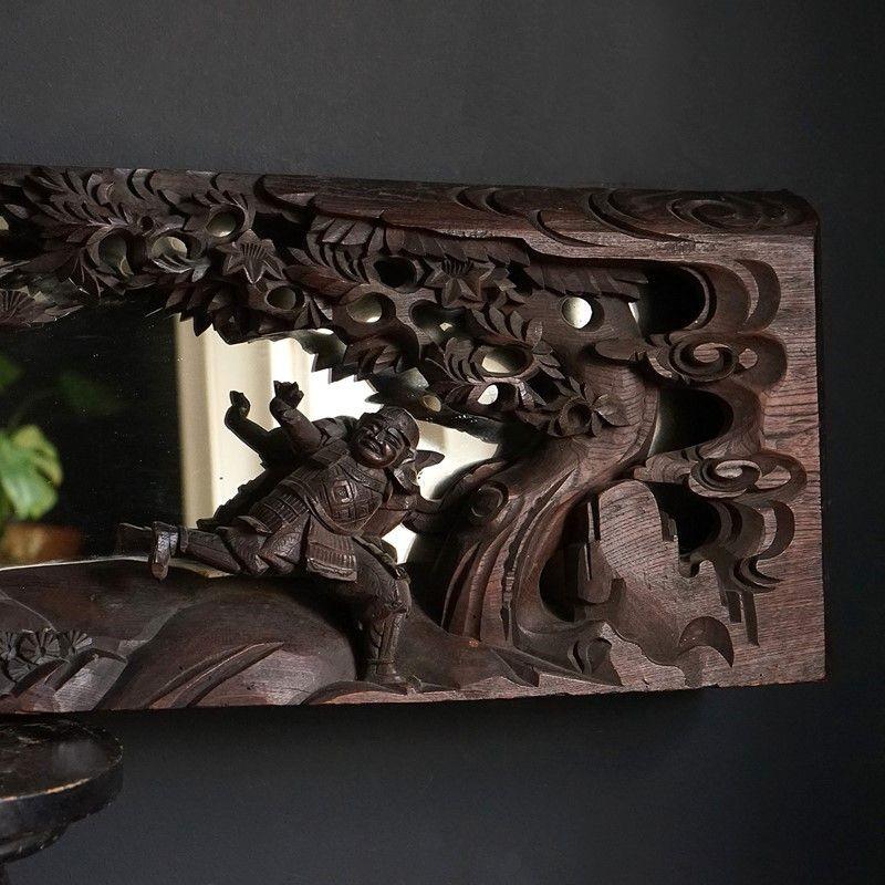 20th Century Antique Heavily Carved Wooden Chinese Mirror Depicting a Battle Scene