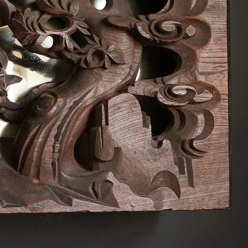 Antique Heavily Carved Wooden Chinese Mirror Depicting a Battle Scene 3