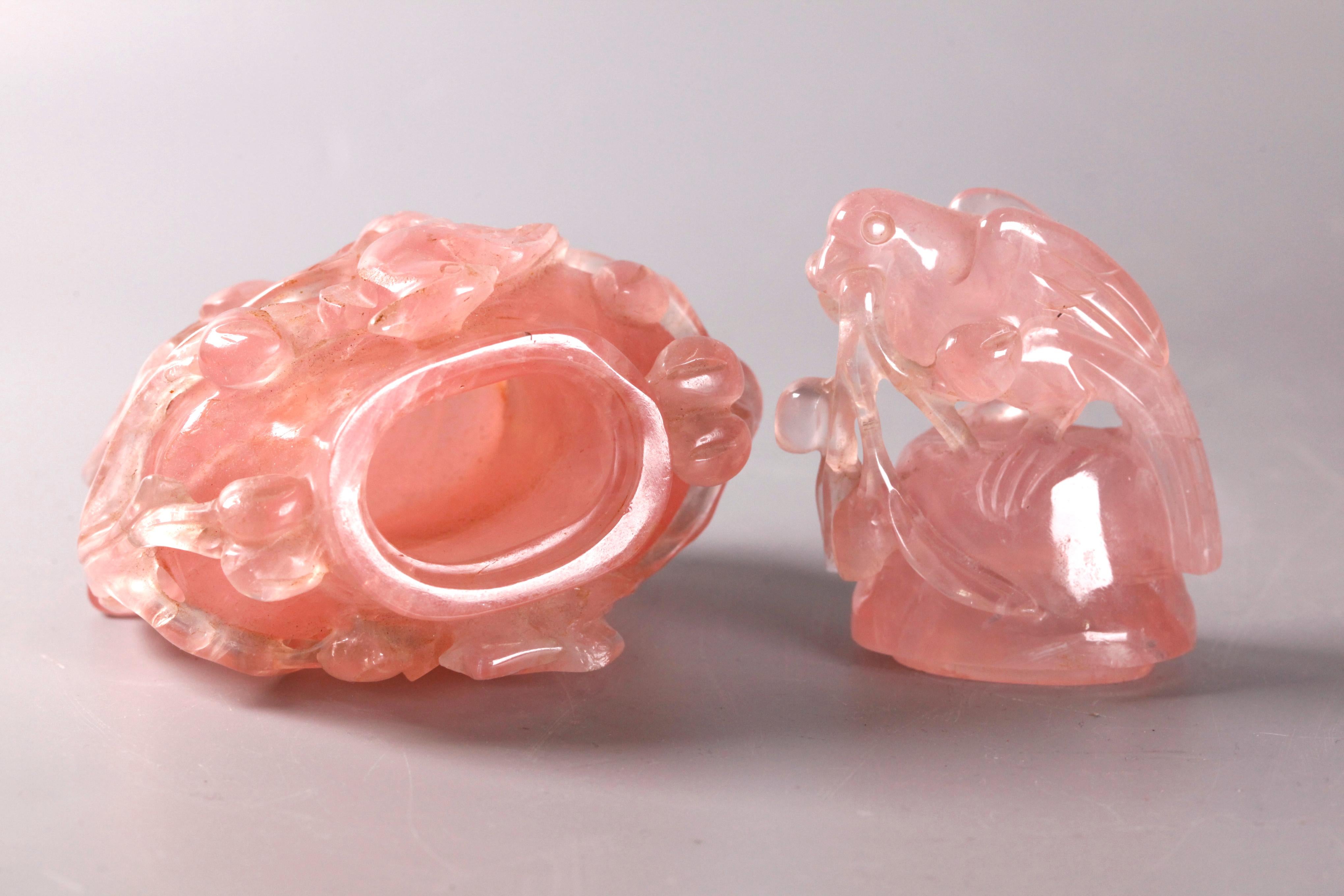 carved Chinese rose quartz cover vase In Good Condition In New York, NY
