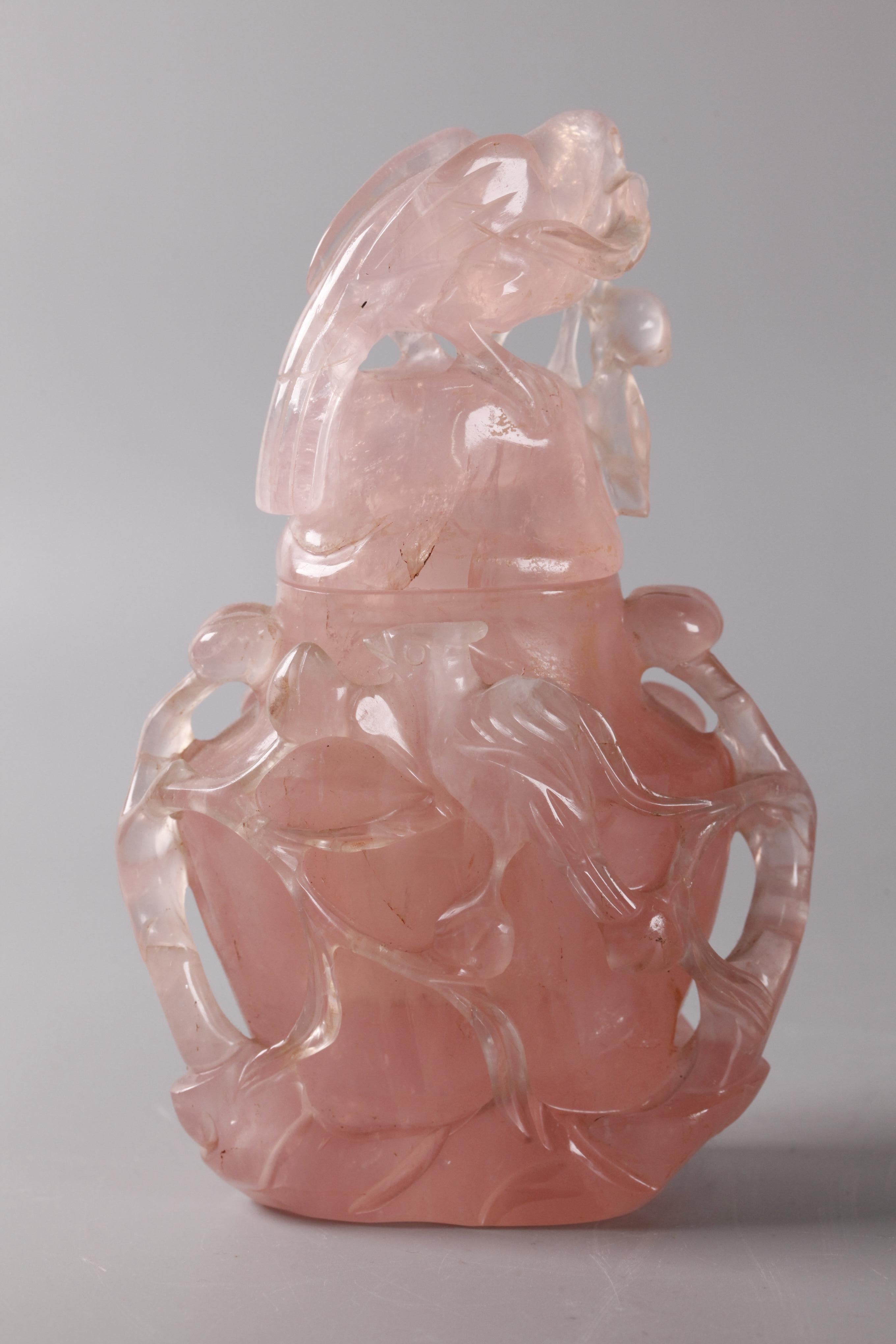 20th Century carved Chinese rose quartz cover vase